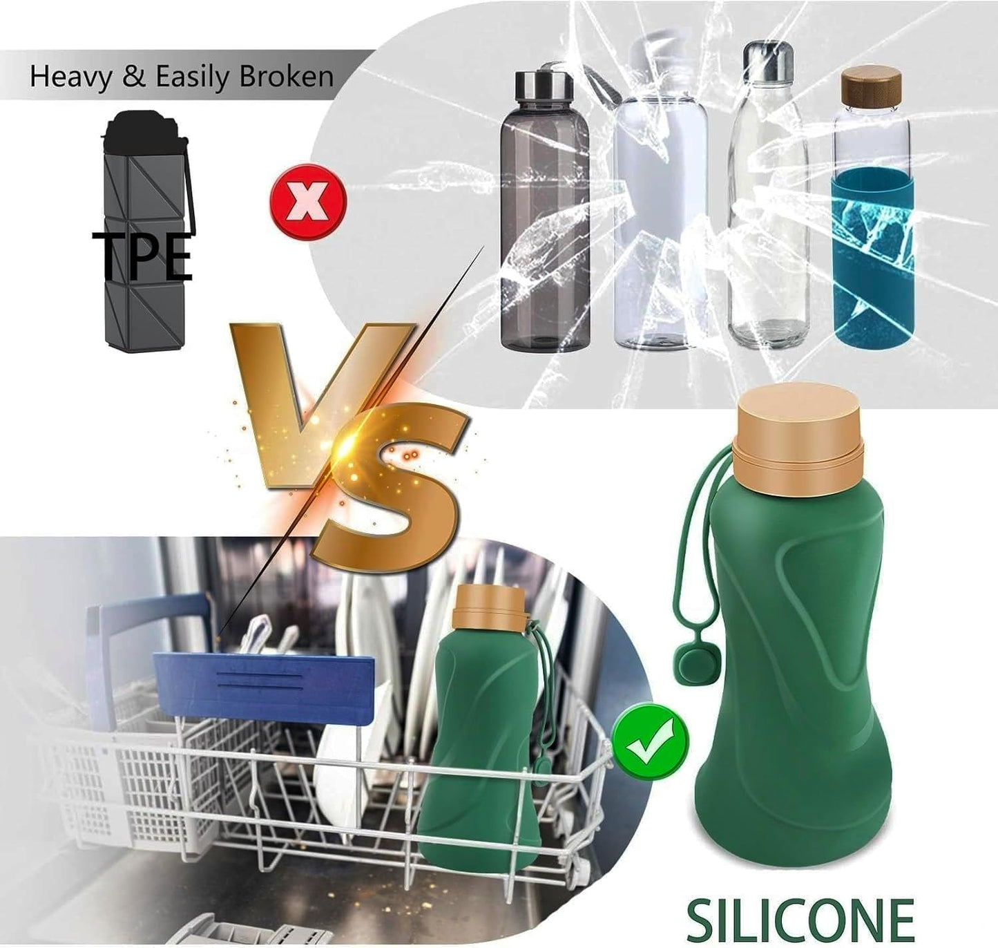 Collapsible Water Bottles,650ml,Leak Proof,Reuseable BPA Free Silicone Foldable Water Bottles,Durable Lightweight for Travel Gym Camping Hiking,Compact Size Portable Sports Water Bottle (Dark Green)