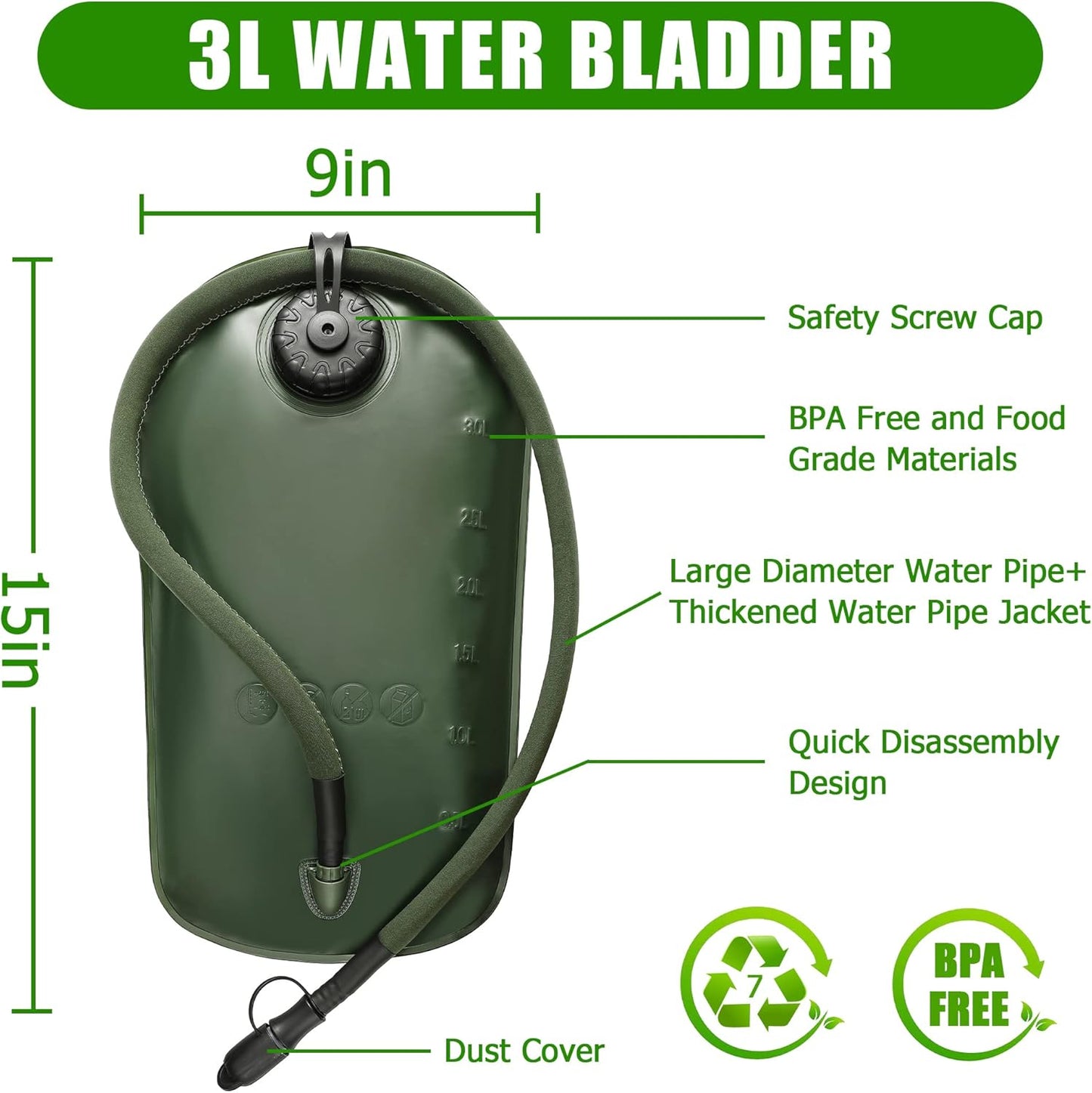 1050D Tactical Hydration Backpack with 3L TPU Water Bladder, Military Molle Water Backpack Perfect for Men & Women, Hydration Pack for Hiking, Biking, Running, Climbing, Hunting, Daily Use