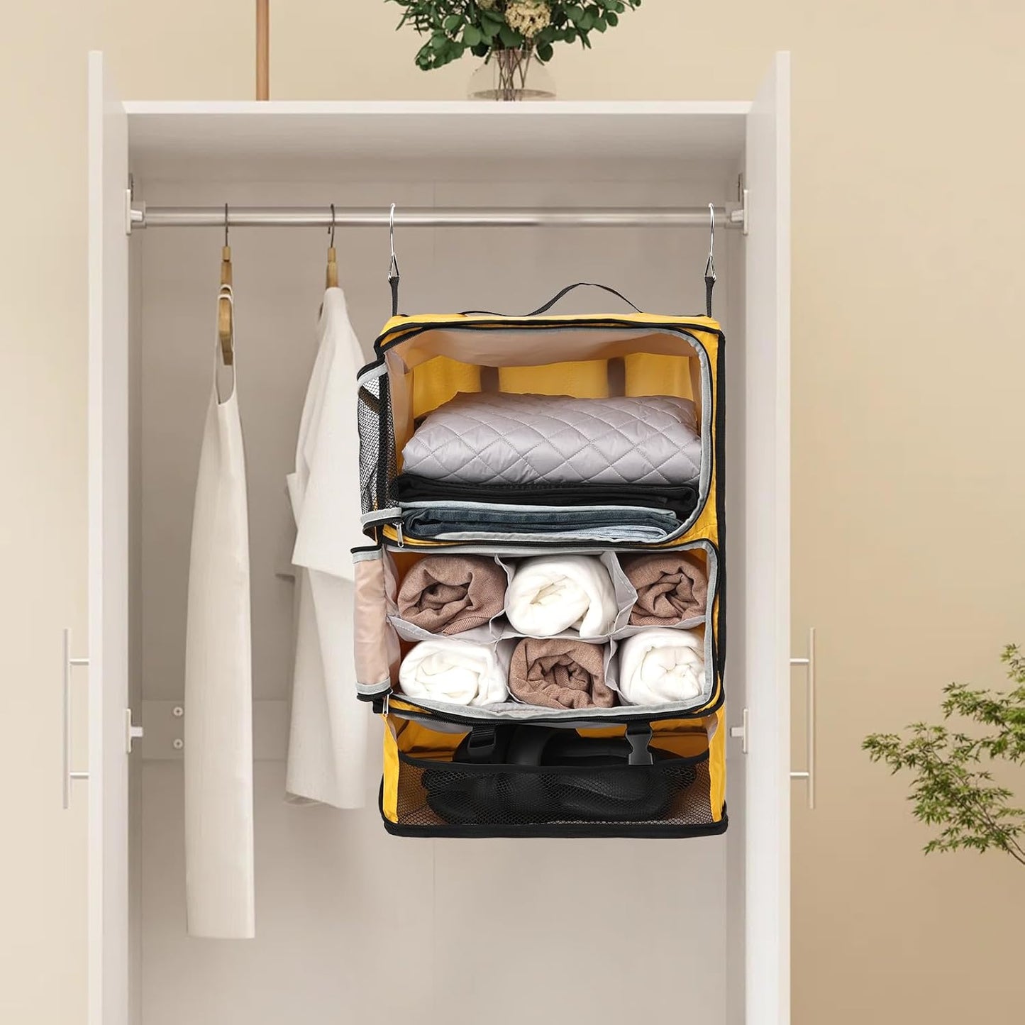 TABITORA Travel Portable Hanging Shelves Closet Organizer Packing Luggage Storage with Multifunctional and Foldable Invisible Compartment,Lightweight, for Suitcase, RV,Closet…Yellow,XXL