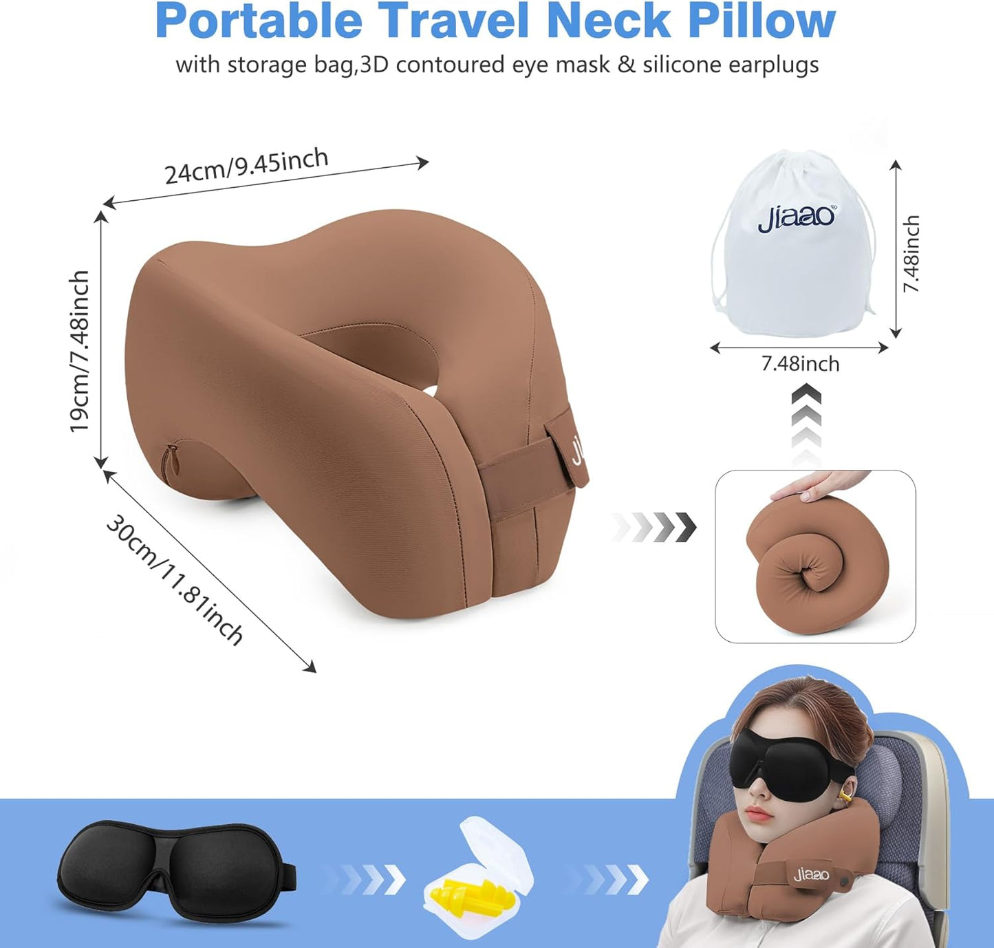 Travel Neck Pillow, Advanced Neck Support for International Flights, 3D Eye Masks, Ear Plugs and Storage Bag, Memory Foam U-Shaped Pillow for Travel, Sleep Rest, Trains, Road Trips
