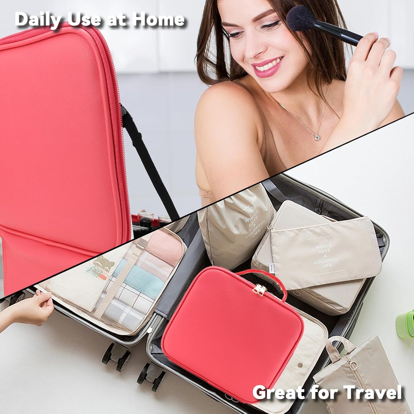 Travel Makeup Bag with LED Mirror and 10x magnifying glass with 3 Lighted Settings, Adjustable Dividers and Makeup Brush Storage Bag Light Red