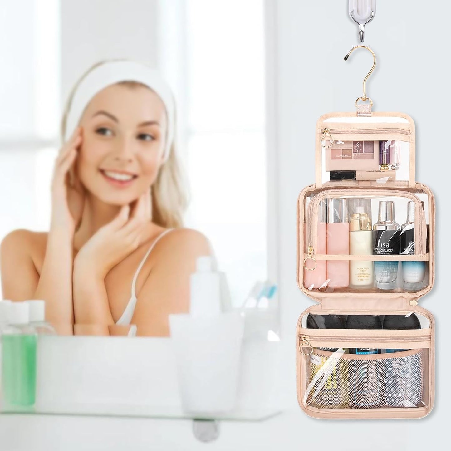 CUBETASTIC Toiletry Bag for Women, Clear Hanging Travel Toiletries Bag, Portable Makeup Bag Transparent Cosmetic Case with Handle, Traveling Make Up Organizer