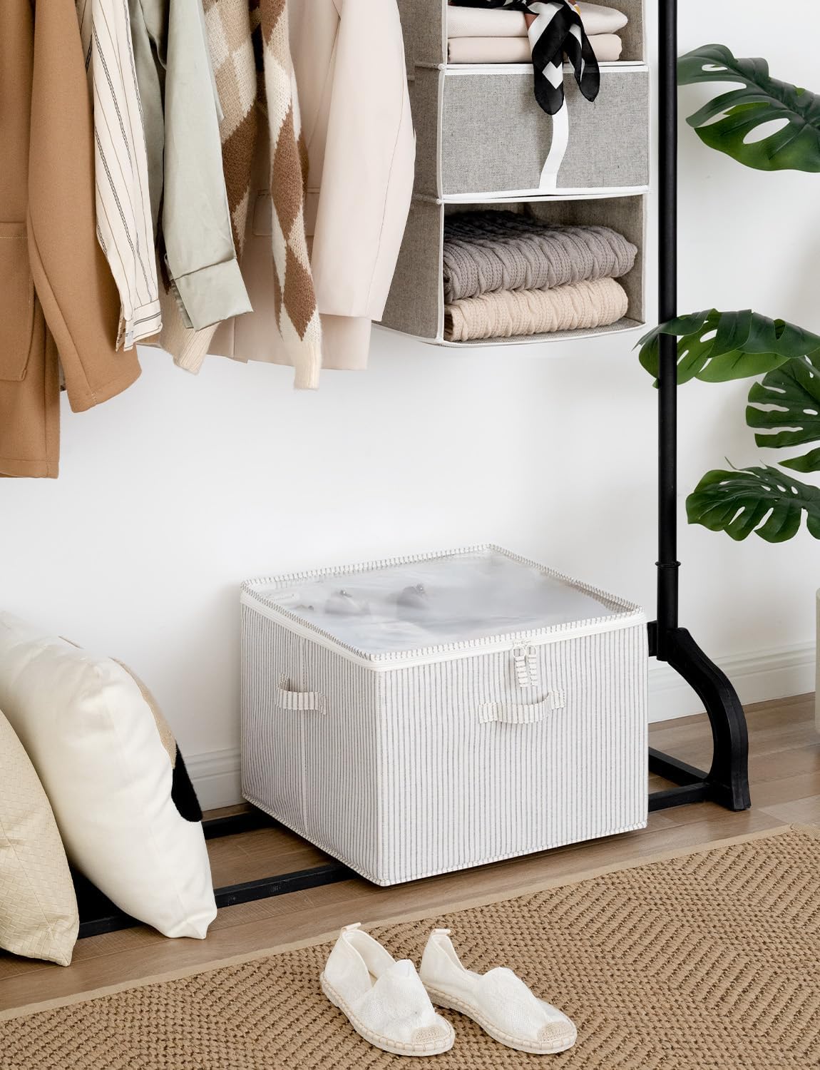 StorageWorks Shoe Organizer for Closet, Fits up to 16 Pairs, Shoe Cubby Storage Containers with Adjustable Dividers and Clear Cover, Gray and White Stripes