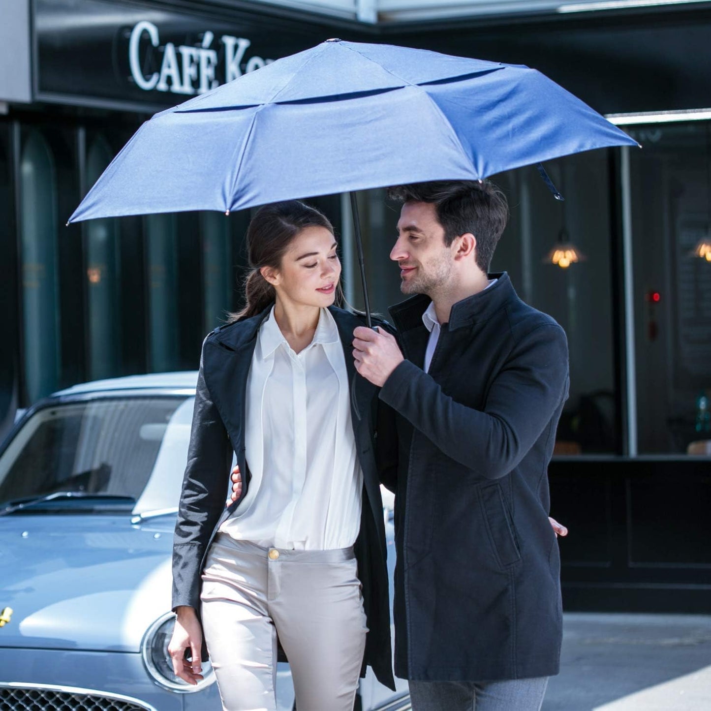 Large Umbrella Windproof 54 Inch Folds Into Portable Travel Size - Big Enough To Comfortably Fit In 2 Adults - Auto Open Close and Patented Vortex System For Superior Safety And Durability (Navy Blue)