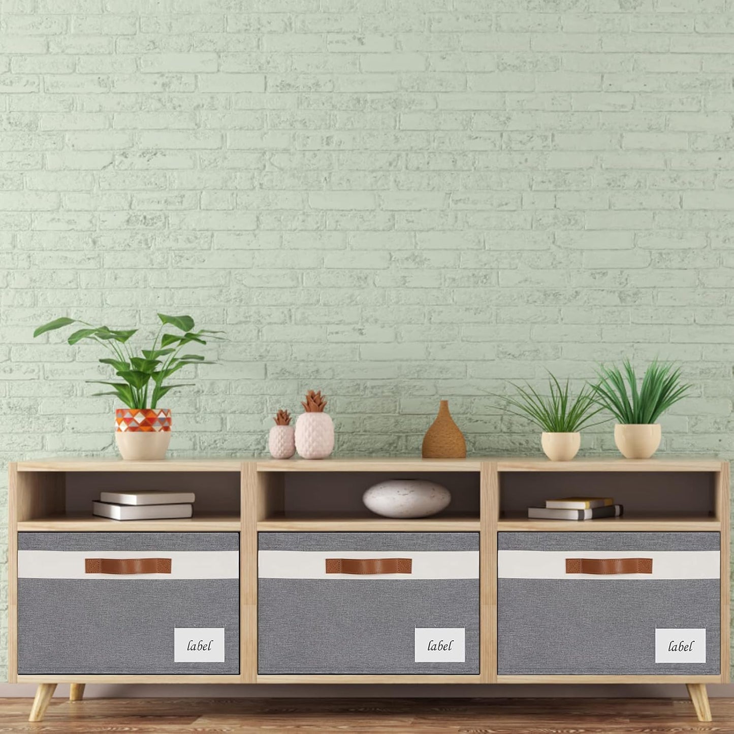 Large Storage Bins with Lids, Foldable Fabric Storage Baskets with Lids, Sturdy Storage Boxes with Labels and 3 PU Handles for Closet Home Bedroom Office (26L, 3 Packs, Grey&White)