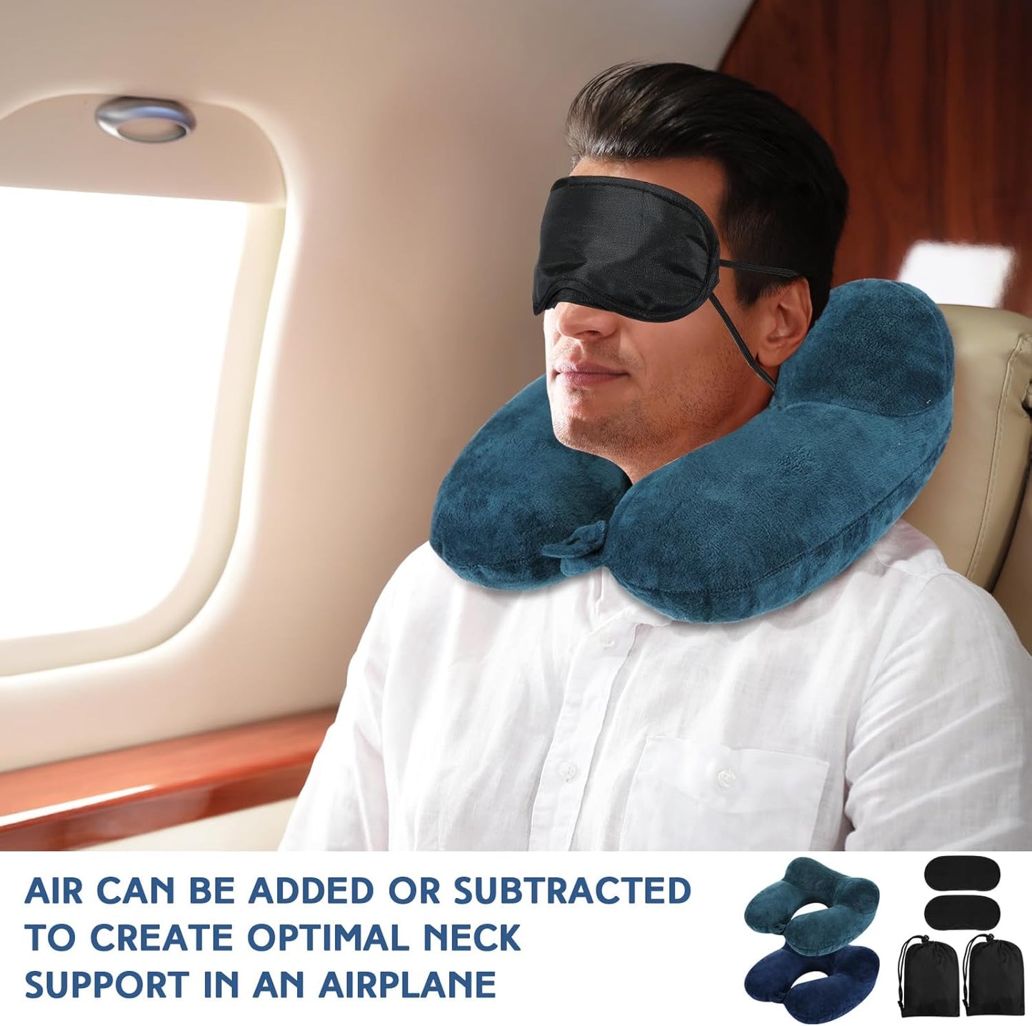 Sintuff 2 Pack Inflatable Travel Pillow for Airplanes Inflatable Neck Flight Pillows with Compact Bag and Blindfold for Traveling, Airplane, Train, Car, Office(Peacock Green and Blue)