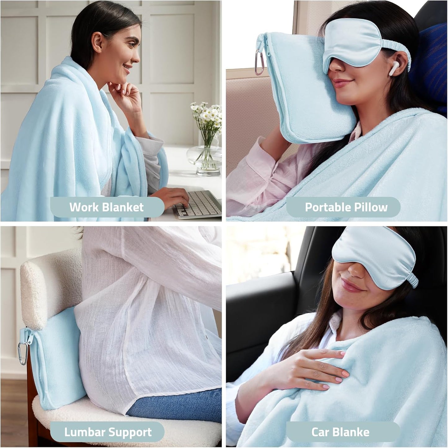 Travel Blanket, 3-in-1 Ultra-Soft, Warm & Lightweight Travel Blanket Airplane with Bag, 65x40 in, Airplane Travel Essentials for Women, Men & Kids with Eye Mask, Luggage Sleeve & Backpack Clip