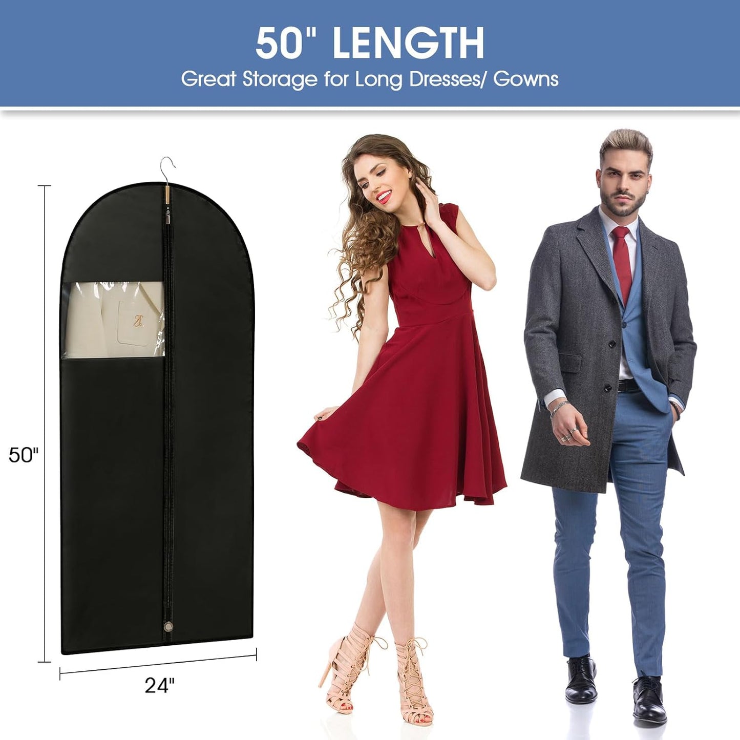 Garment Bags for Hanging Clothes, 50'' Long Dress Bags for Closet Storage, Black Garment Covers with Clear Window for Suits, Coats, Jackets(5 Packs)