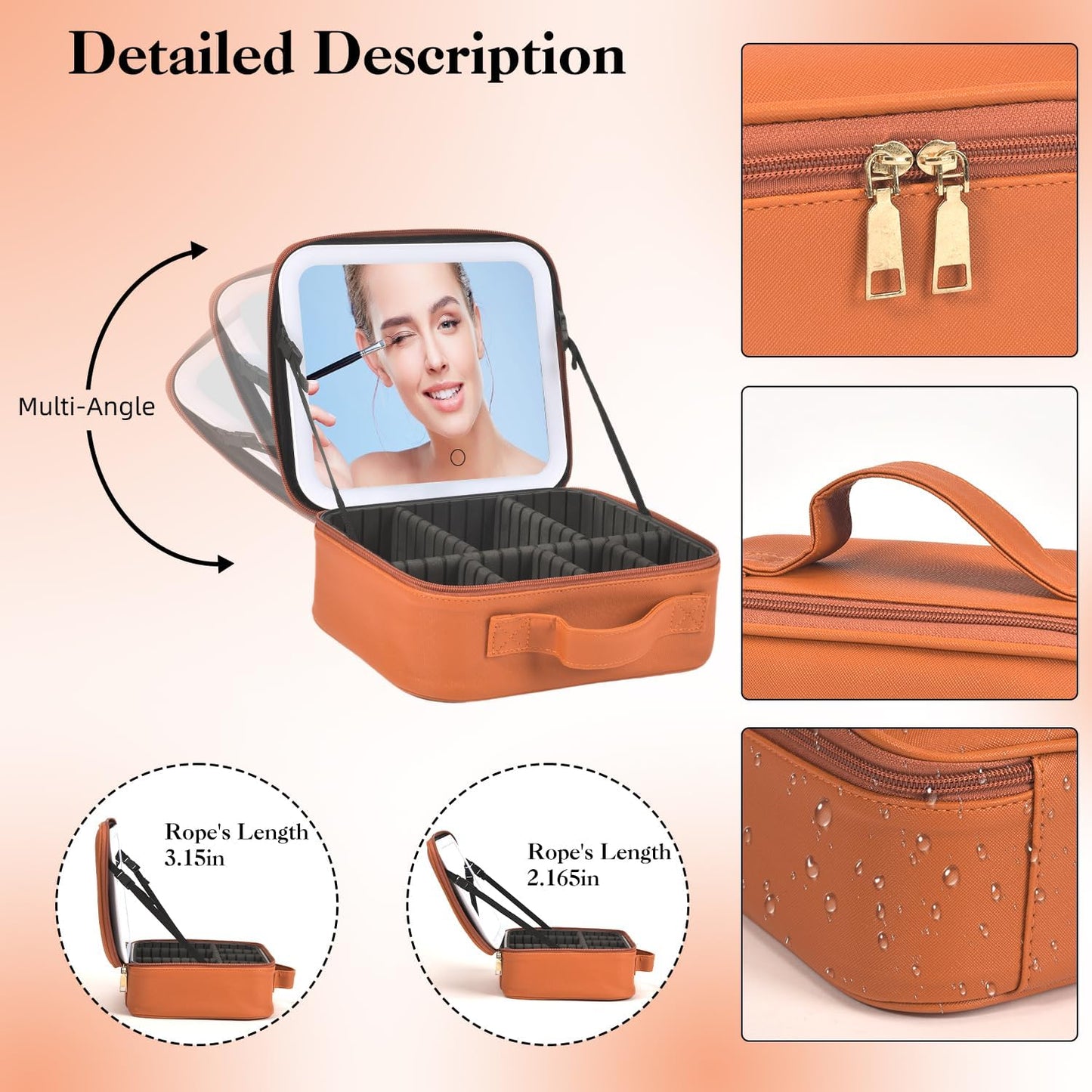 Travel Makeup Bag With LED Mirror,Makeup Travel Train Case with 3 Color Setting,Cosmetic Makeup Organizer Bag with Adjustable Dividers,Portable Make up Bag with Makeup Brush Holder Storage(Caramel)