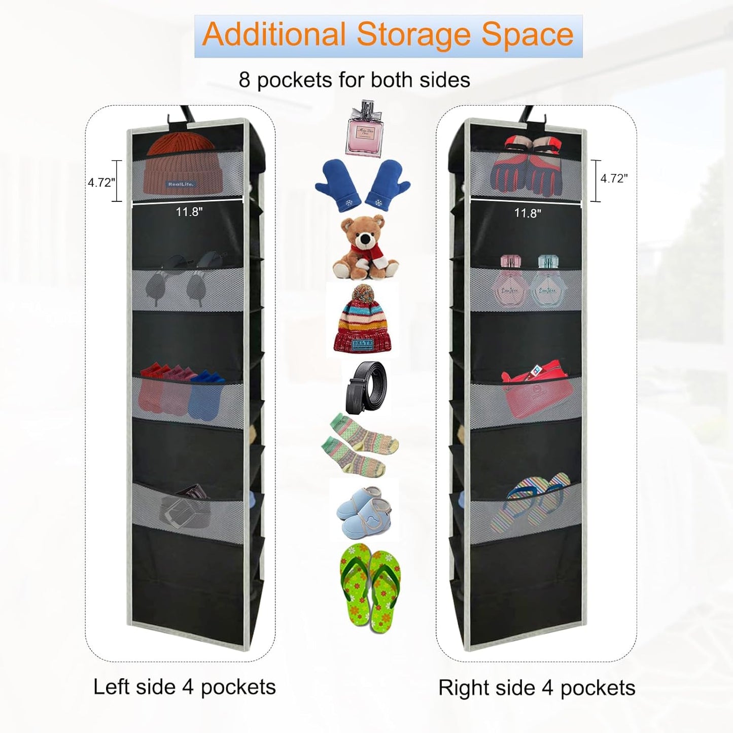 2 Pack Large-Sized Hanging Shoe Organizer 10-Shelf, Sturdy Hanging Closet Organizer with 8 Side Pockets, Wider Hanging Shelves for Storage Shoes Clothes Jeans Shirts Toys, Black