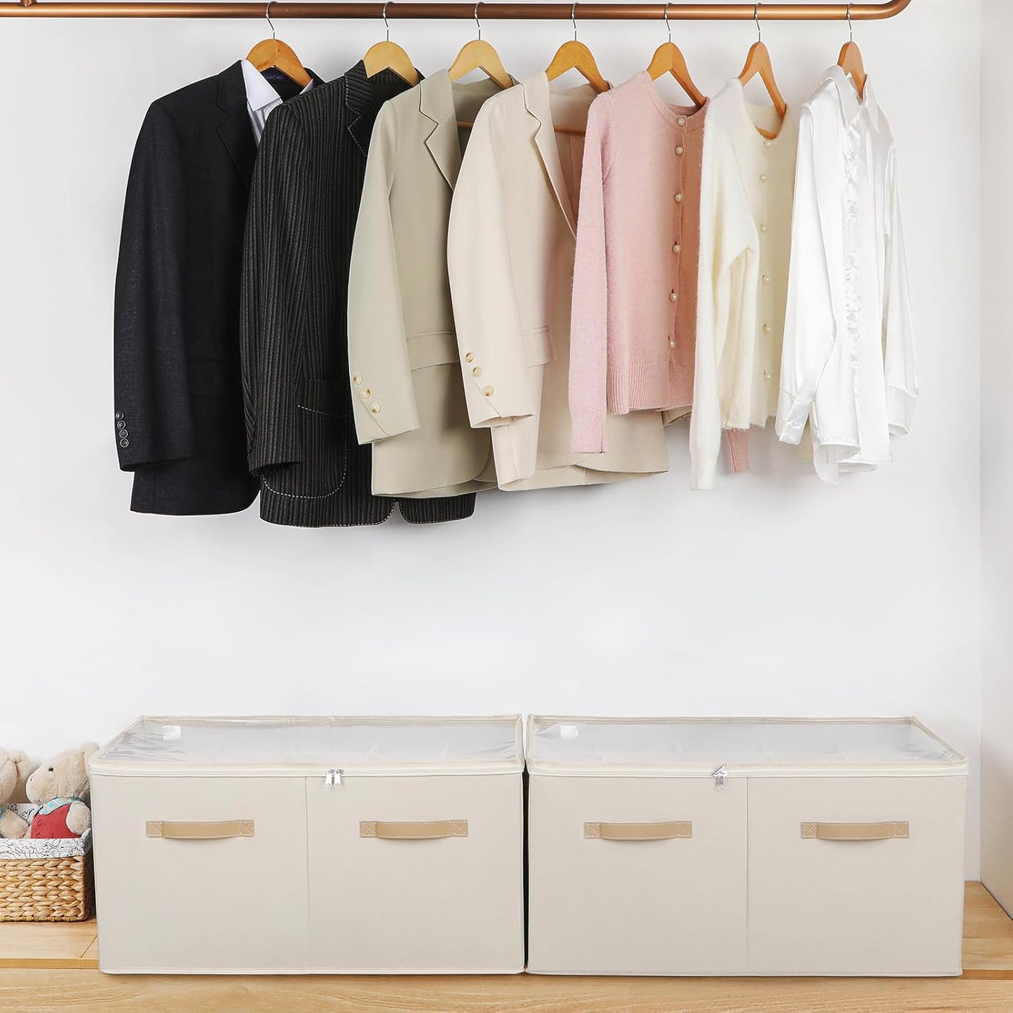 Shoe Organizer for Closet 2 Pack, Foldable Shoe Box with Adjustable Divider and Clear Cover, Space Saving Shoe Storage Organizer Cabinet with Reinforced Handles, Fits 40 Pair, Beige, TP11Y