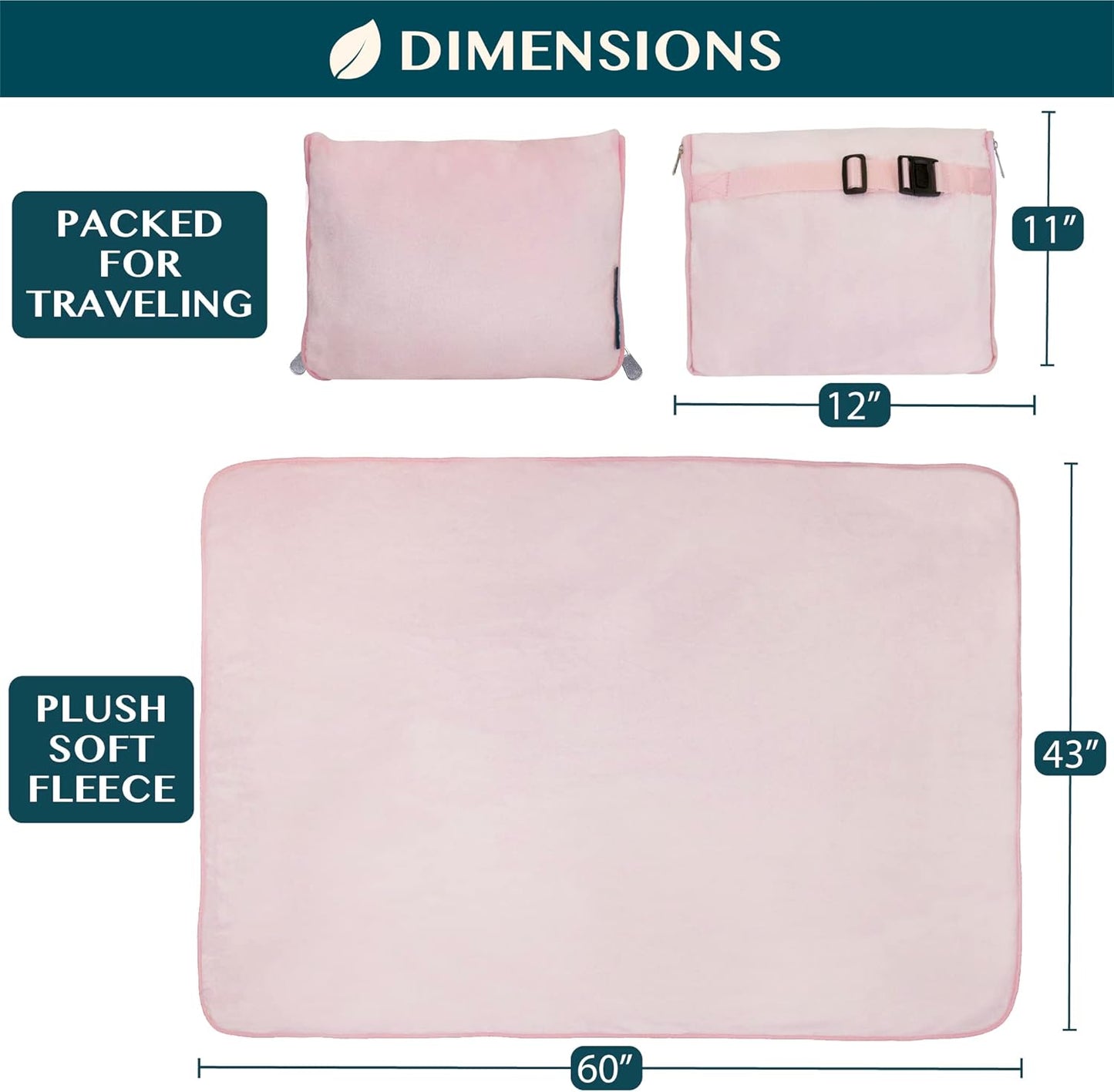 PAVILIA Travel Blanket Pillow, Soft Airplane Blanket 2-in-1 Combo Set, Plane Blanket Compact Packable, Flight Essentials Car Pillow, Travelers Gifts Accessories, Luggage Backpack Strap, 60x43 Pink