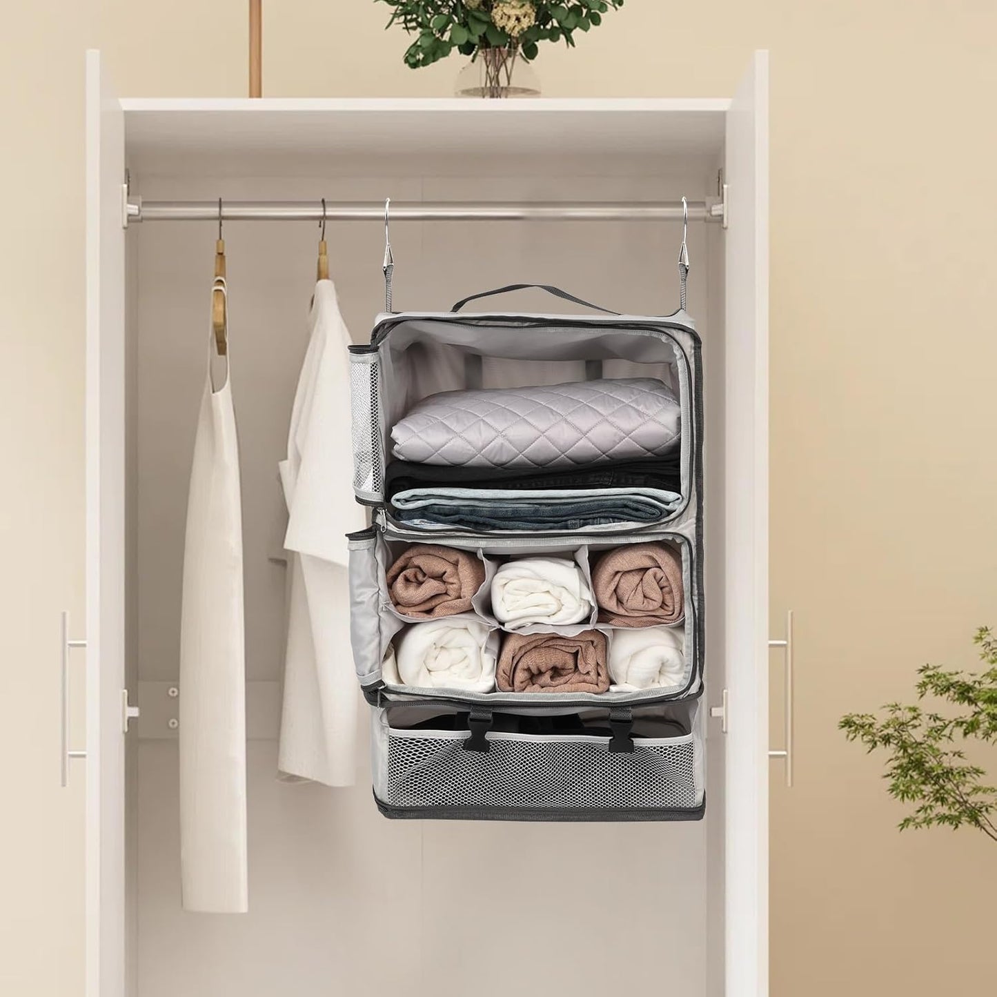 TABITORA Travel Portable Hanging Shelves Closet Organizer Packing Luggage Storage with Multifunctional and Foldable Invisible Compartment,Lightweight, for Suitcase, RV,Closet…lightgrey,XXL