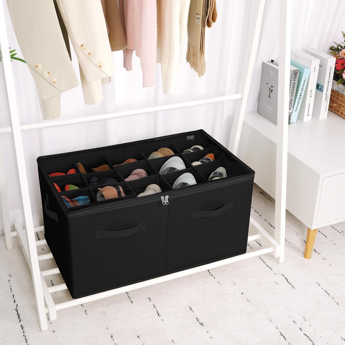 Shoe Organizer for Closet, Foldable Shoe Box with Adjustable Dividers and Clear Cover, Space Saving Shoe Storage Organizer Cabinet with Reinforced Handles, Fits 20 Pairs, Black, TP10B