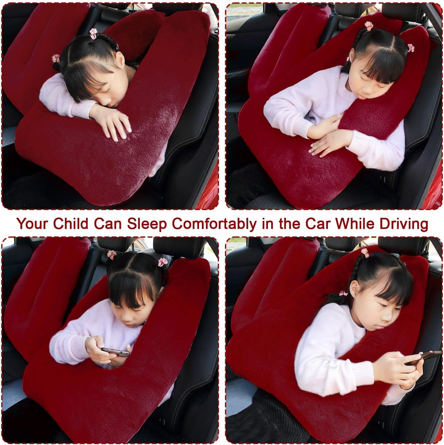 Travel Pillow, Travel Pillow for Kids, Sleeper Hold Pillow Travel, Removable U-Shaped Pillow for Adults and Children to Support Head and Body in The Back Seat of Long Car Trips (Dark Red)