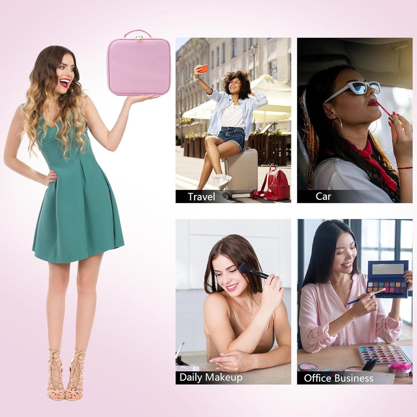 Travel Makeup Bag with LED Mirror Travel Makeup Organizer with 3 Lighted Settings, Adjustable Dividers and Makeup Brush Storage Bag Light Pink