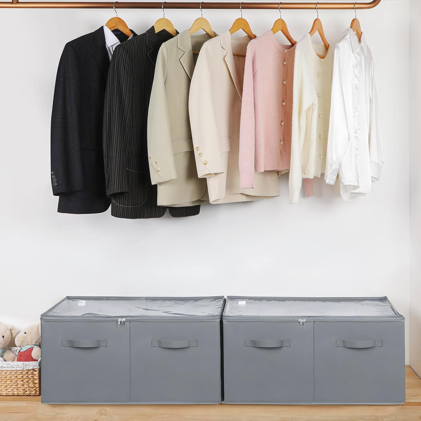 Shoe Organizer for Closet 2 Pack, Foldable Shoe Box with Adjustable Dividers and Clear Cover, Space Saving Shoe Storage Organizer Cabinet with Reinforced Handles, Fits 40 Pairs, Gray, TP11G