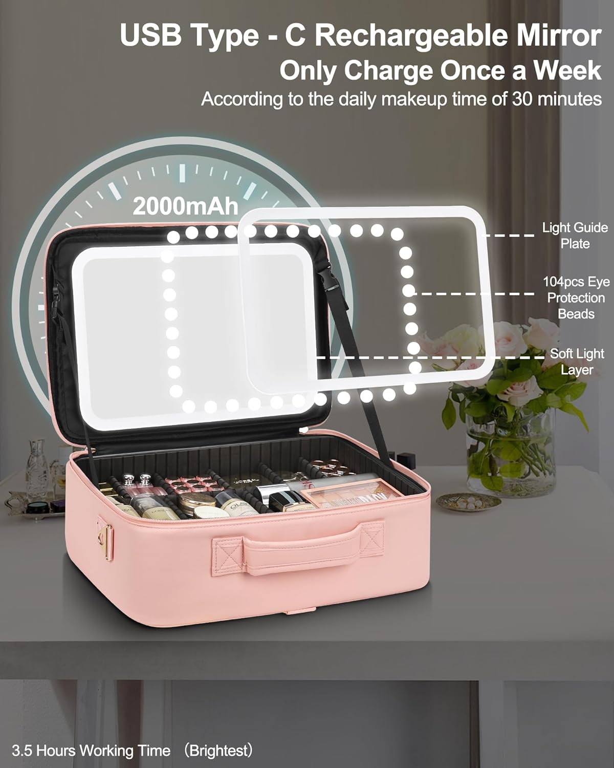 Chomeiu Makeup Bag with LED Mirror, Large Train Case for Makeup Artists, 16.2 inches Travel Professional Cosmetic Organizer with Light Up Mirror, 3 Color Lights, Brush Holder & Shoulder Strap (Pink)