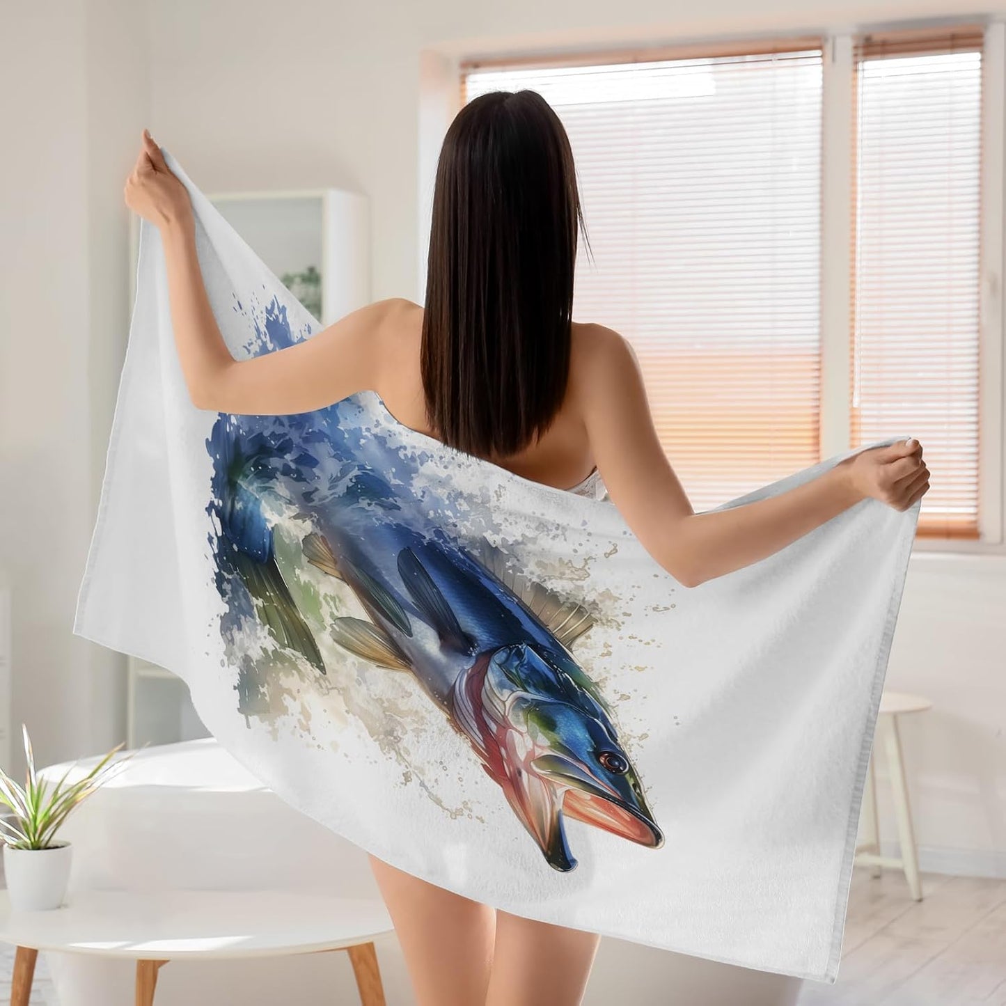 WZOMT Bass Fish Beach Towel Blanket Fishing Towels, Funny Bass Green White Microfiber Bath Towel for Adults Kids, Quick Dry Sandproof Towels for Swim Pool Travel Yoga, Oversized 32x52 Inch