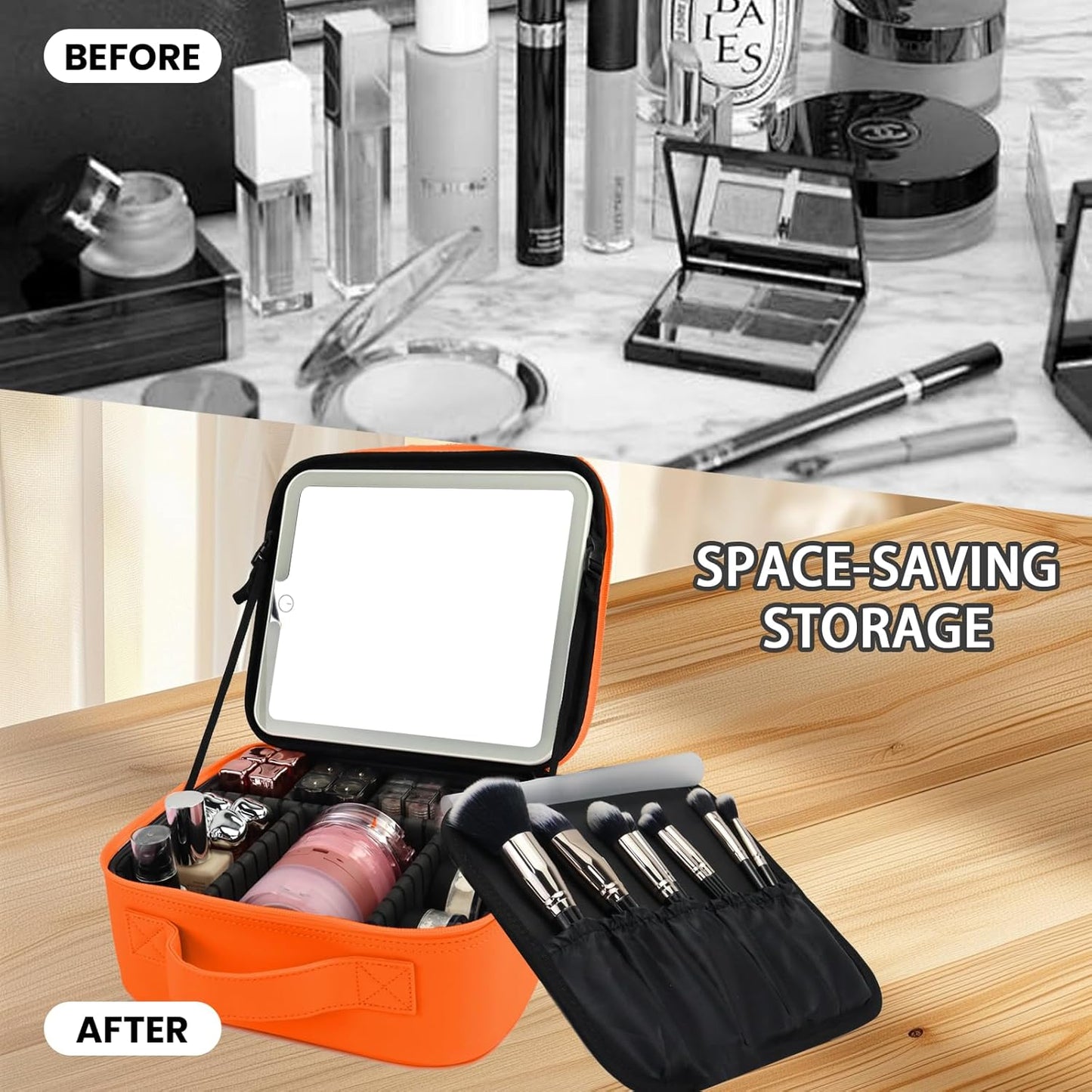 Travel Makeup Bag with LED Mirror and Light Travel Makeup Case Cosmetic Organizer Portable Cosmetic Brush Organizer Bag with Adjustable Dividers for Cosmetics Makeup Brushes Toiletry (Orange)