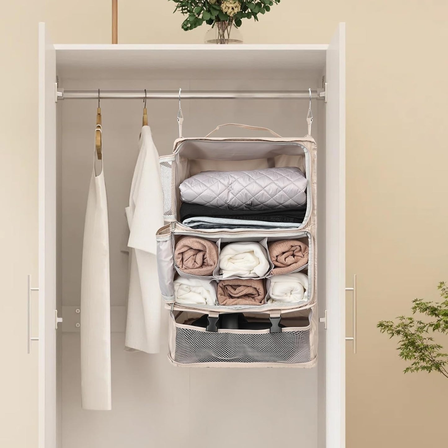 TABITORA Travel Portable Hanging Shelves Closet Organizer Packing Luggage Storage with Multifunctional and Foldable Invisible Compartment,Lightweight, for Suitcase, RV,Closet…Beige,XXL