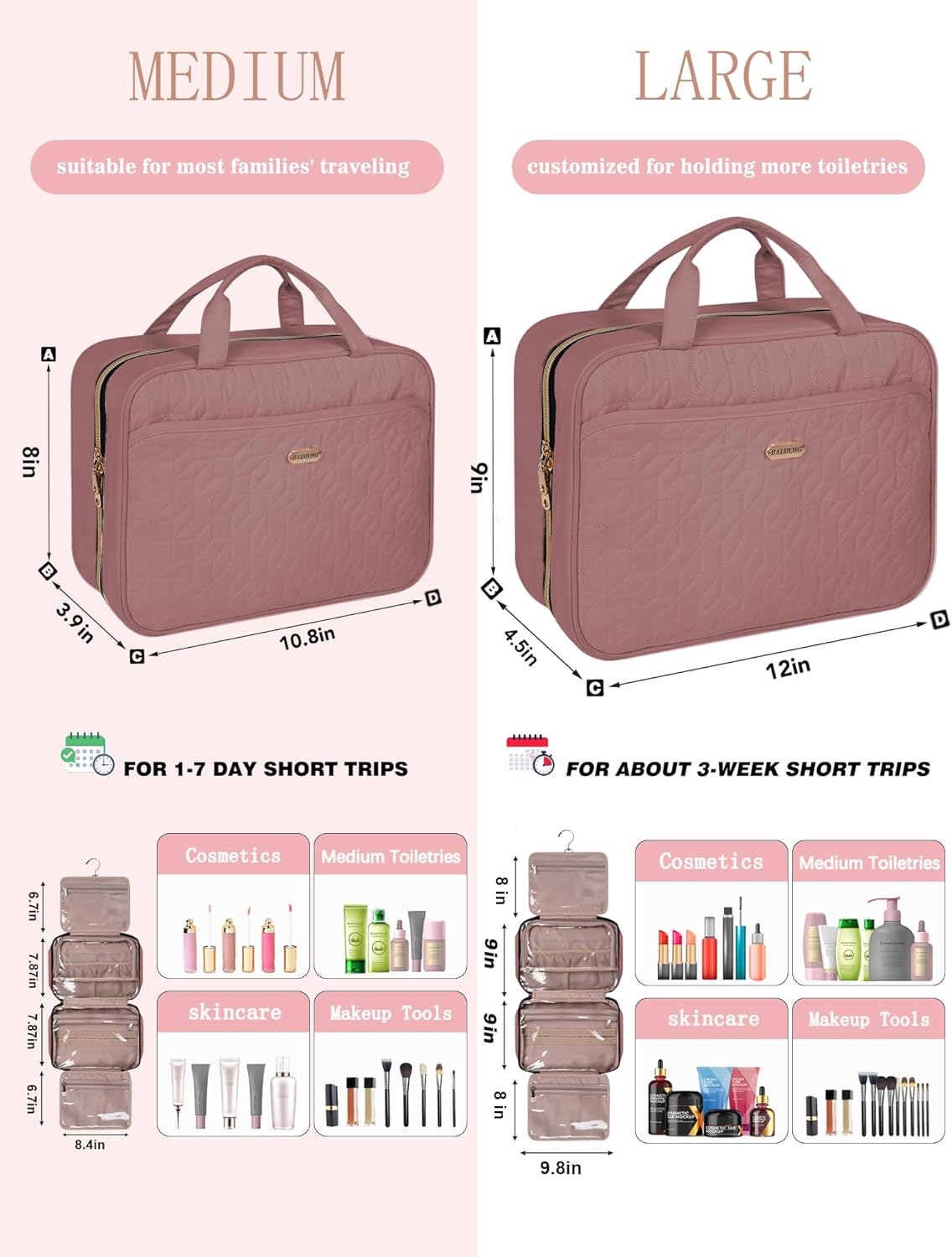 Brown Toiletry Bag, Makeup Organizer, Travel Bag For Women Mens Toiletries, Waterproof with Hanging Hook, Large Capacity