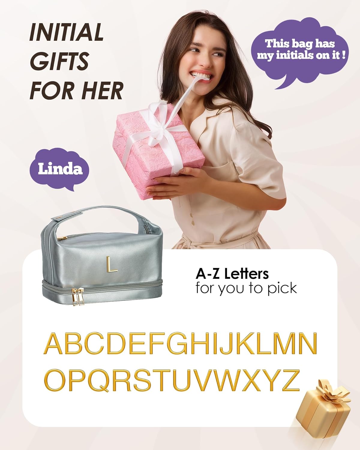 Teen Girl Gifts Trendy Stuff, Makeup Bags for Women with Handle, Initial Double Layer Cosmetic Bag with Makeup Brush Organizer, Cute Cosmetic Pouch for Women, Gifts for Friends Female Mom