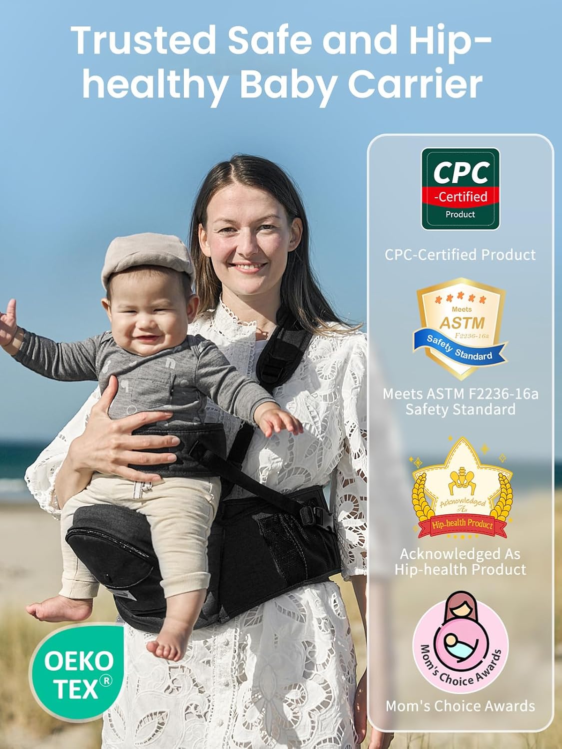 Baby Hip Carrier, GROWNSY Supportive Hip Carrier with Safety Belt for Baby Toddler Up to 50lbs, Large Capacity Pockets, Adjustable Waistband for Different People, Black