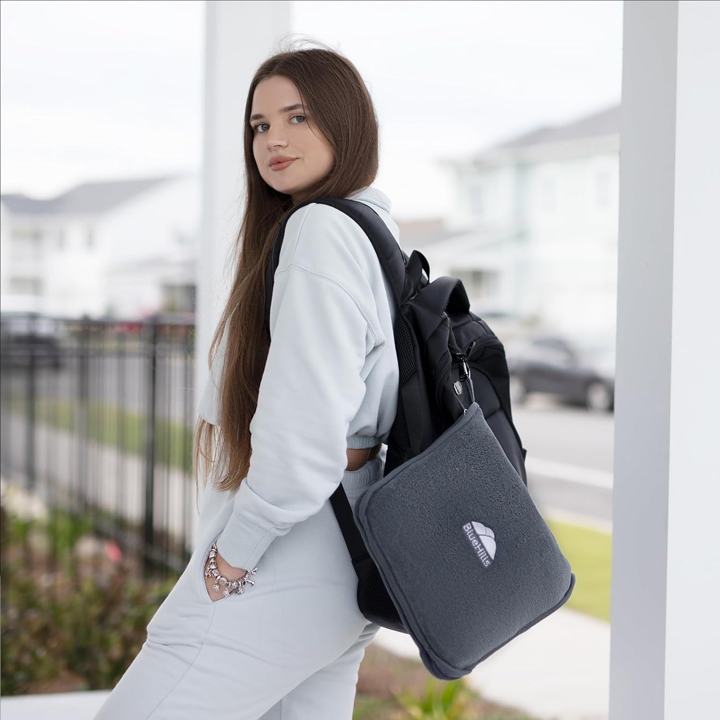 BlueHills Premium Soft Travel Blanket Pillow Airplane Flight Blanket Throw Bag Pillowcase Compact Large 2 in 1 Combo Warm Traveling Plane Essentials Portable Gifts Lightweight Grey Gray T007