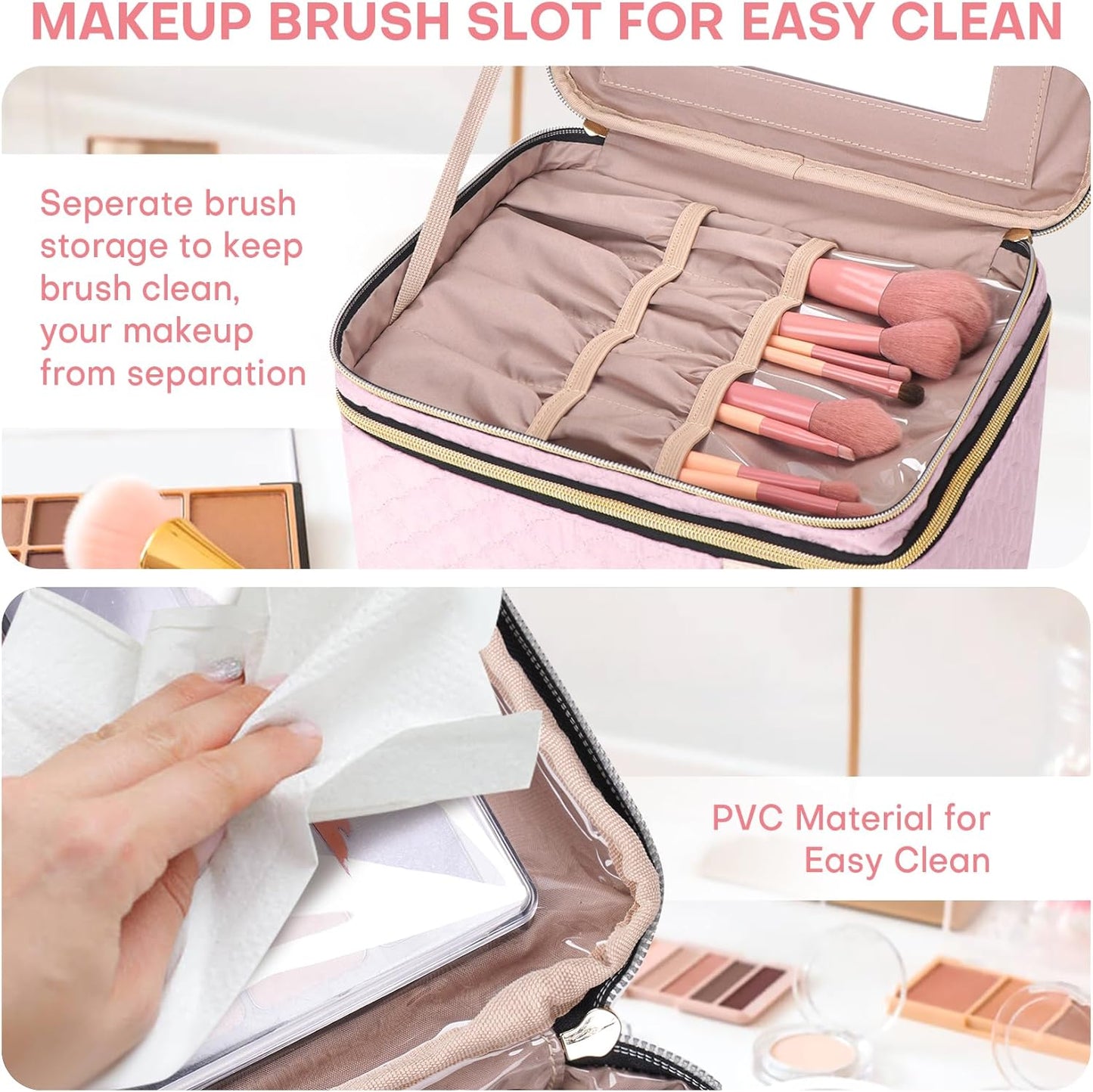 Large Makeup Bag with Mirror Double Layer Travel Make Up Organizer Case, Large Capacity Coemetic with Brush Slot Divider, Travel Toiletry Bag for Women (Pink)
