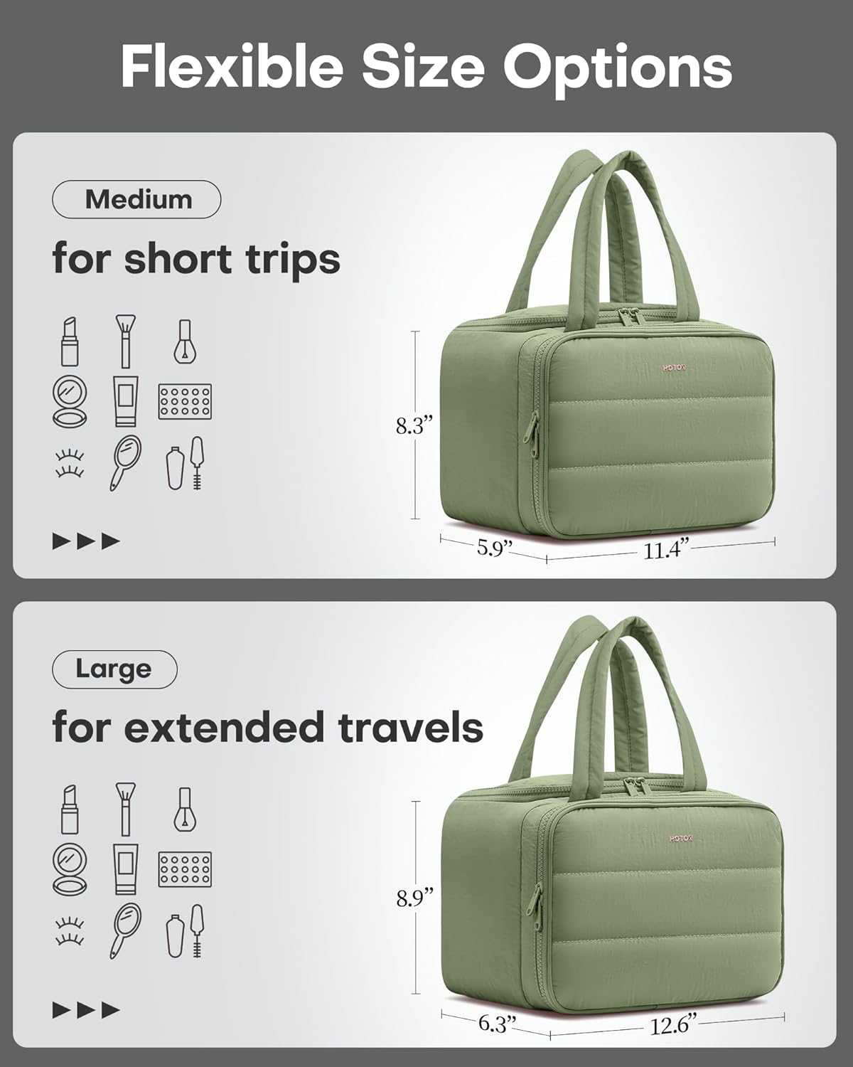 HOTOR Travel Toiletry Bag - Wide-Open Toiletry Bag for Women, Multi-Pocket Makeup Bag for Travel Essentials, Wet & Dry Separation Travel Accessories for Business Trip, Gym, 11.5"×5.9"×8.4", Green