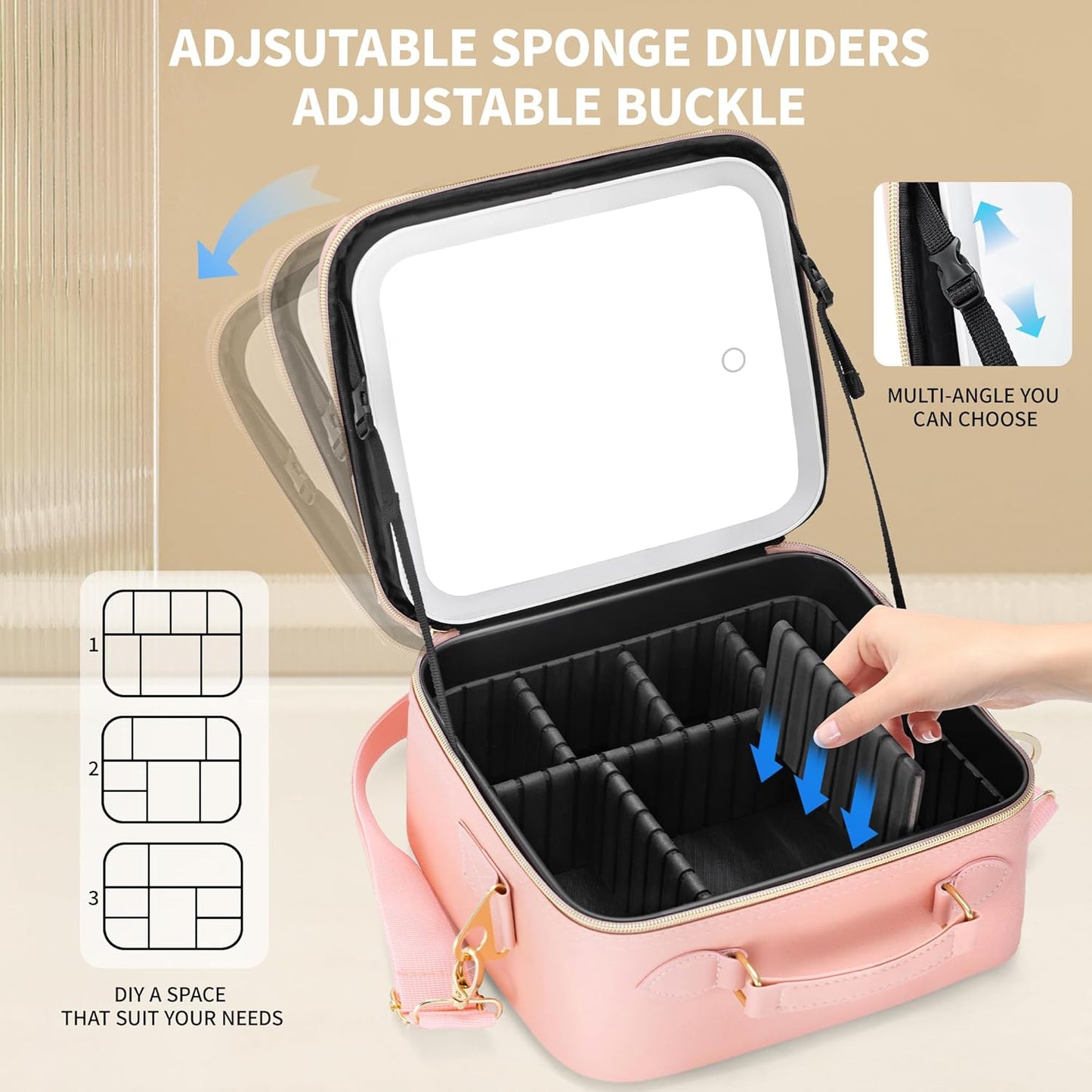 Travel Makeup Bag Cosmetic Organizer Bag with Lighted Mirror, Waterproof Makeup Bag with Light Up Mirror, Travel Makeup Case for Cosmetic Brush Holder Storage, Large Toiletry Bag Women Gift