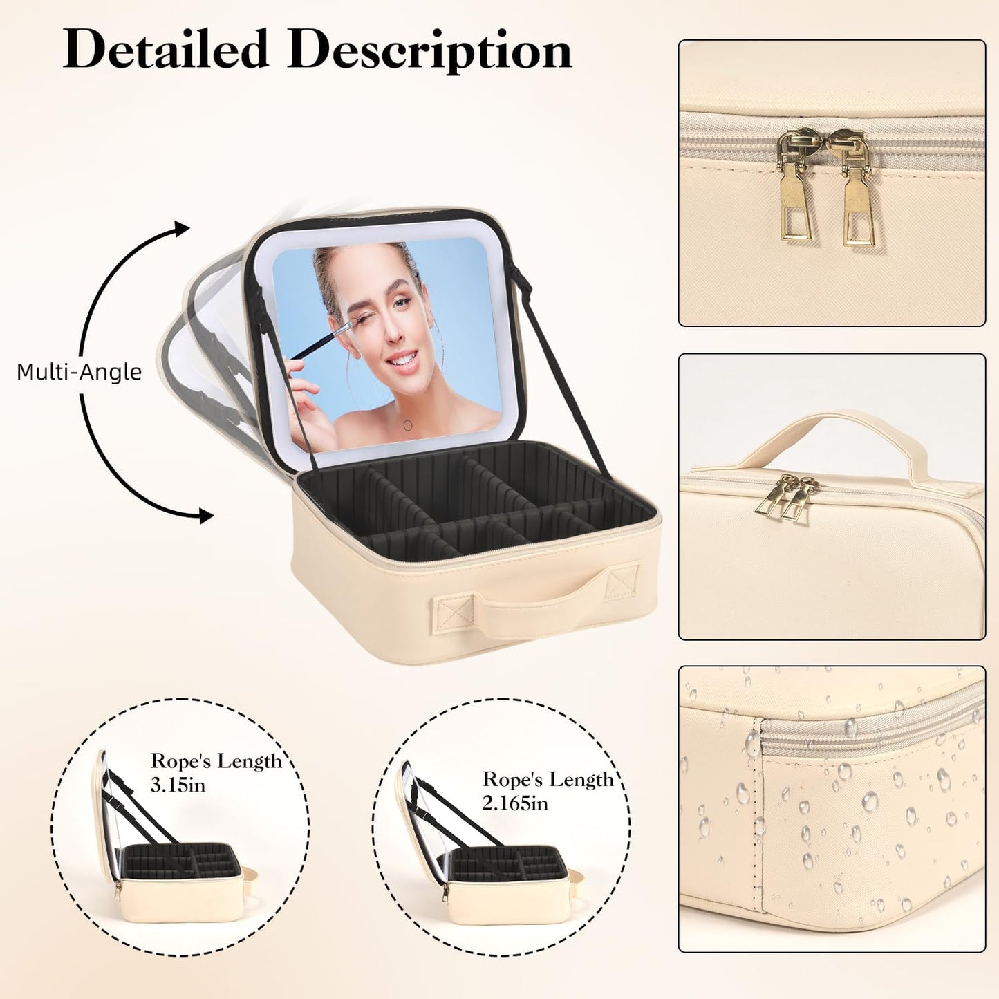 Travel Makeup Bag With LED Mirror,Makeup Travel Train Case with 3 Color Setting,Cosmetic Makeup Organizer Bag with Adjustable Dividers,Portable Make up Bag with Makeup Brush Holder Storage(Beige)