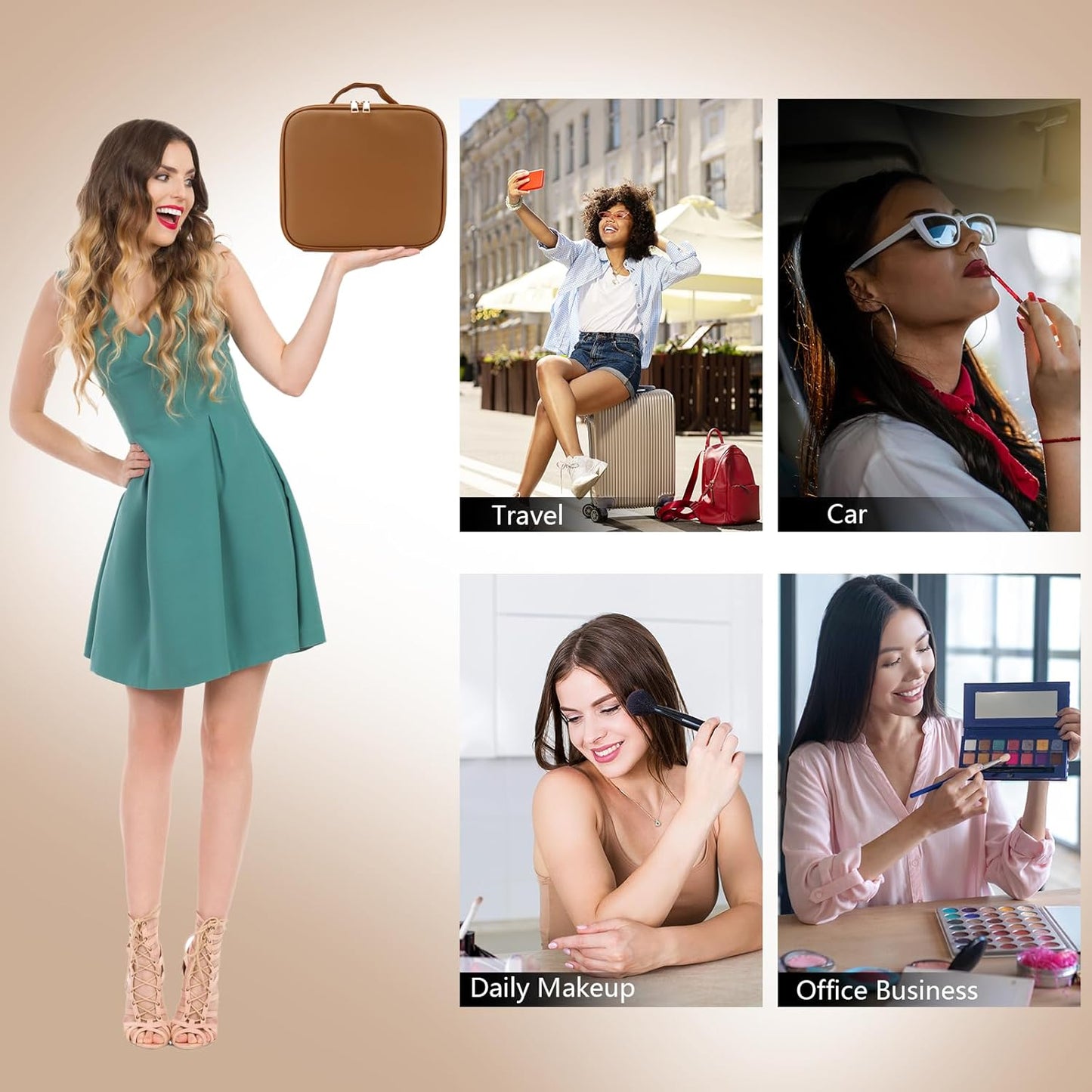 Travel Makeup Bag with LED Mirror Travel Makeup Organizer with 3 Lighted Settings, Adjustable Dividers and Makeup Brush Storage Bag Brown