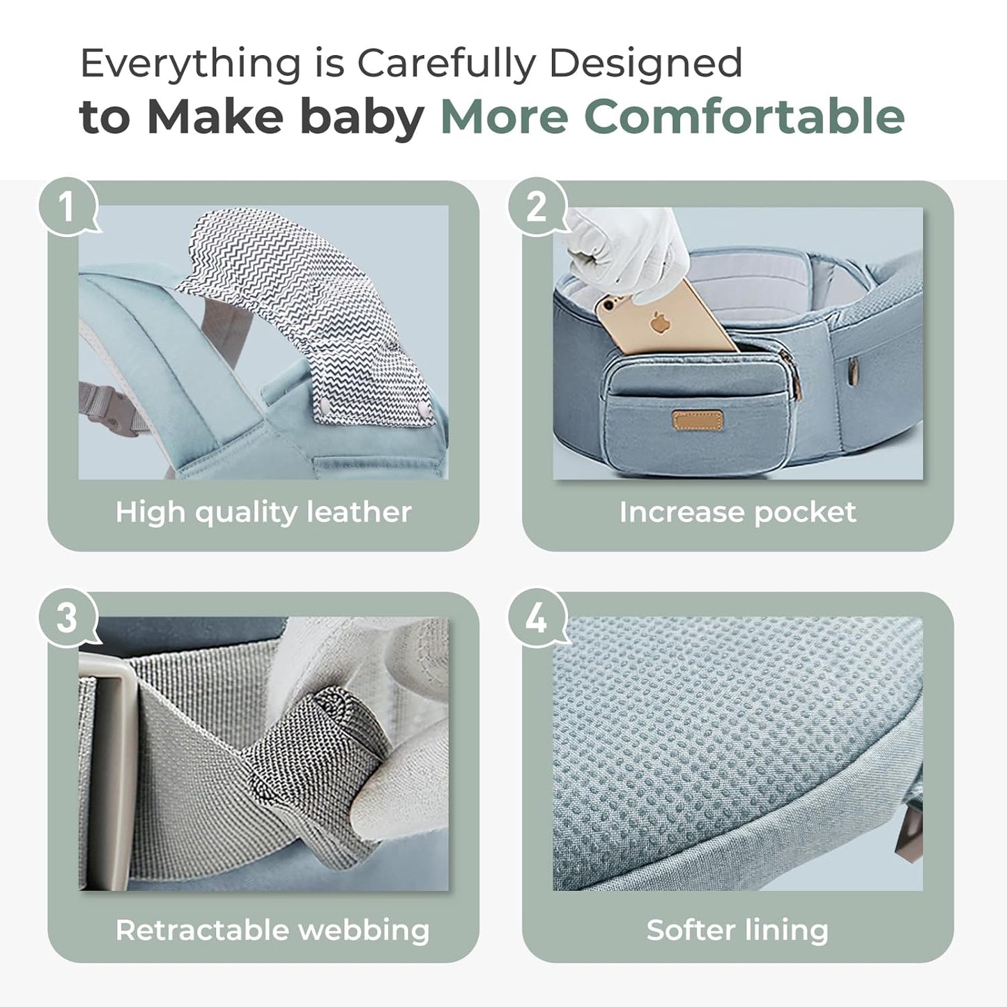 FRUITEAM 6-in-1 Baby Carrier with Waist Stool/Hip Seat for Breastfeeding, One Size Fits All - Adapt to Newborn, Infant & Toddler (Blue)