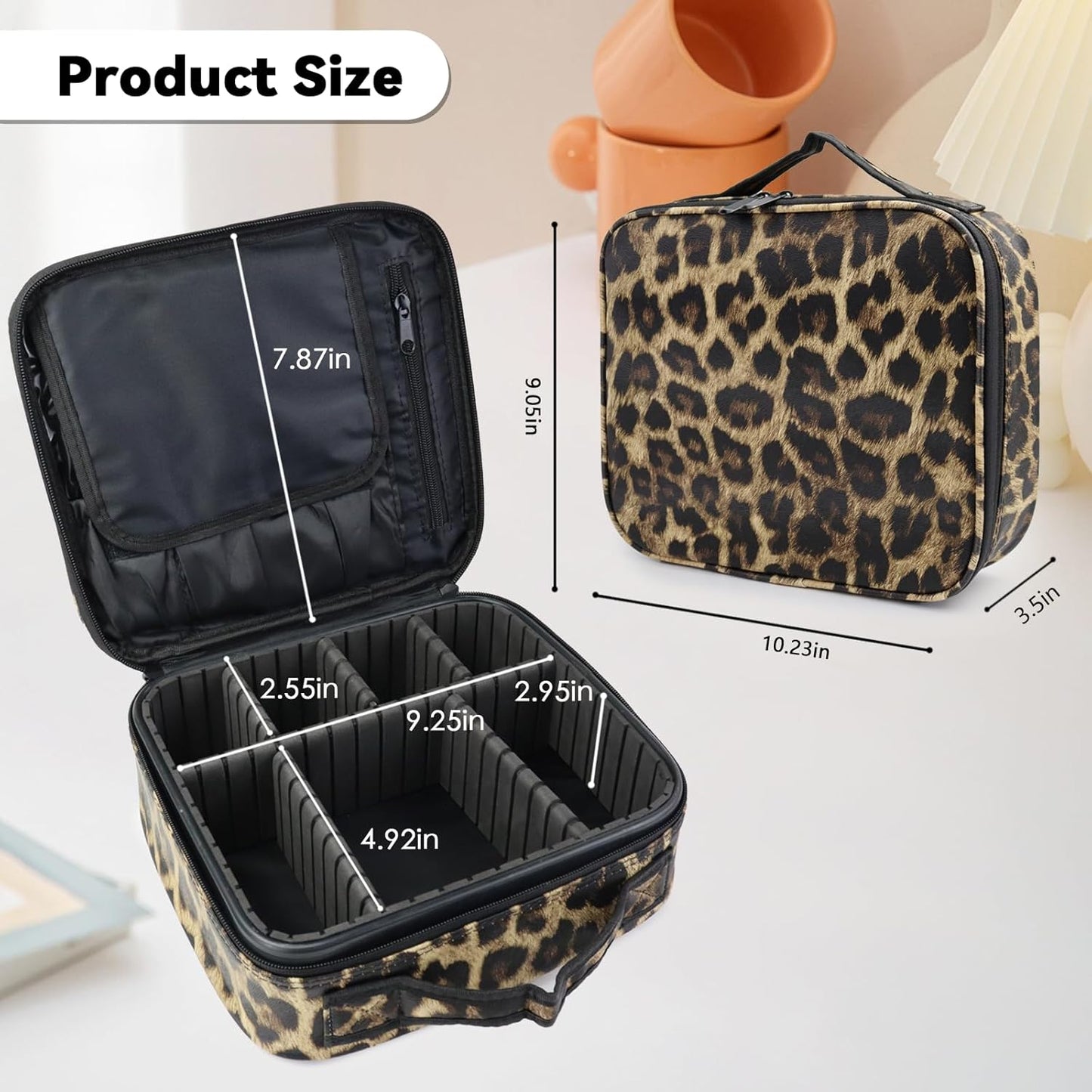 Travel Makeup Bag Makeup Cosmetic Train Case Organizer Portable Storage Bag with Adjustable Dividers for Cosmetics Makeup Brushes Toiletry Jewelry Leopard