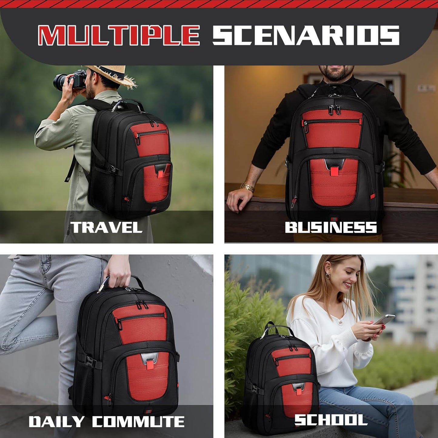 Large Travel Backpack, 50L Laptop Backpack for Men 17.3 Inch, TSA Approved, Heavy Duty with USB Charging, Anti Theft for College Business Work, Red