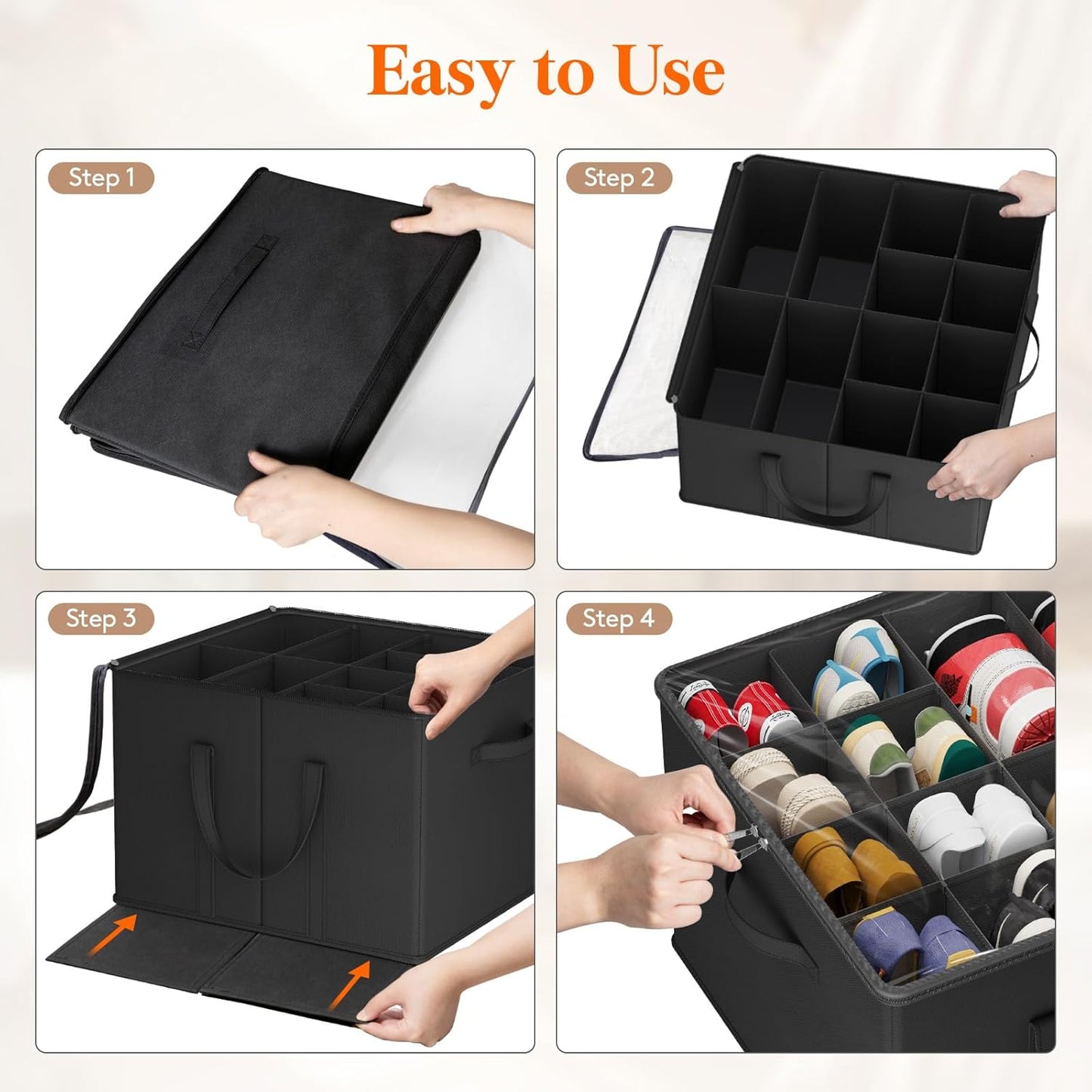 Lifewit Shoe Storage Organizer for Closet, Fits 12-16 Pairs, Large Shoe Box Storage Containers with Clear Cover and Reinforced Handles, Foldable Storage Bins Fit for Boots Heels Sneakers, 2 Pack Black