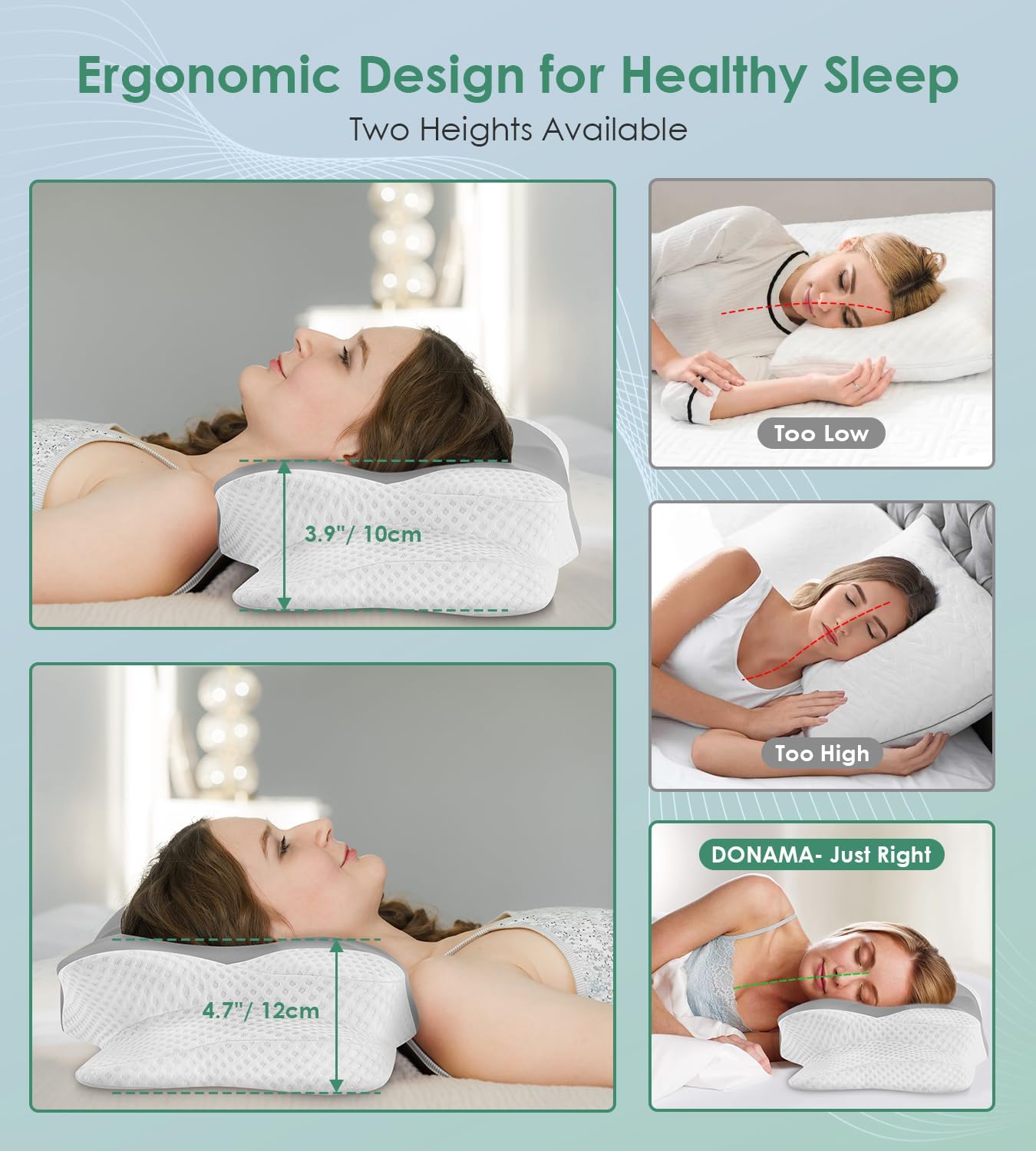 DONAMA Cervical Pillow for Sleeping, Contour Memory Foam Pillow for Neck and Shoulder Support, Ergonomic Neck Pillow for Side Back Stomach Sleepers, Bed Pillows with Cooling Pillowcase