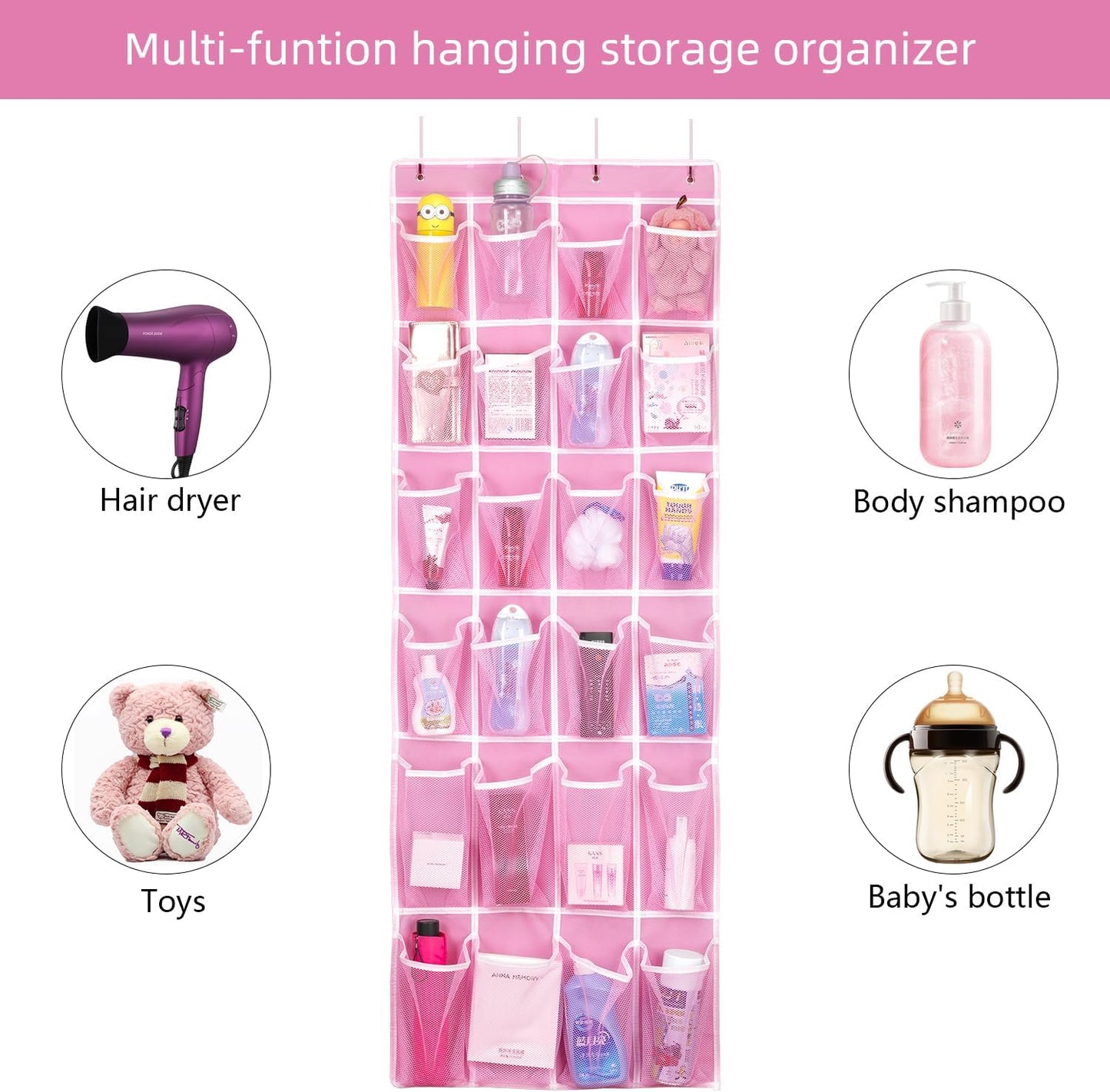 Hanging Shoe Organizer, Over The Door Shoe Organizer with 24 Breathable Mesh Pockets for Men Women Kids Hanging Shoe Storage Rack Organizer Size:58x21 Inch(Pink)