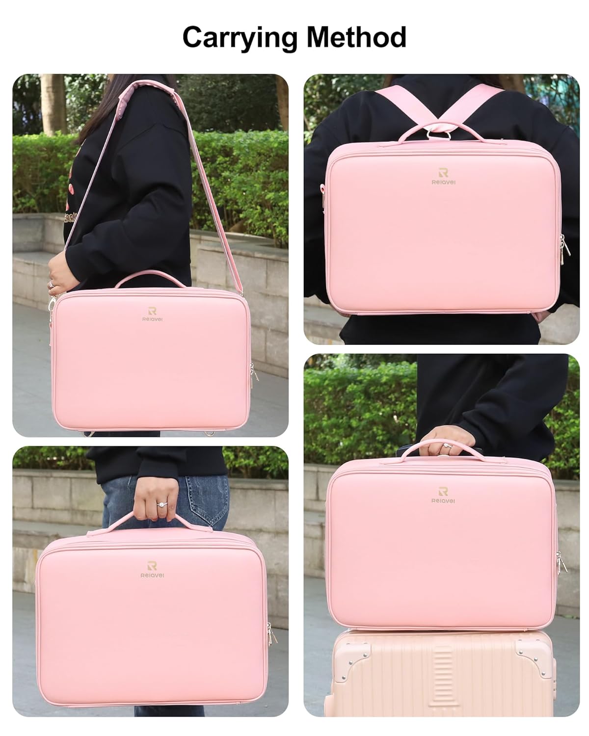 Relavel Makeup Bag with LED Mirror, 16.2 inches Large Professional Makeup Case for Makeup Artists, Travel Portable Cosmetic Organizer Storage Box, Vanity Case with 3 Colors Lighted Mirror, Pink