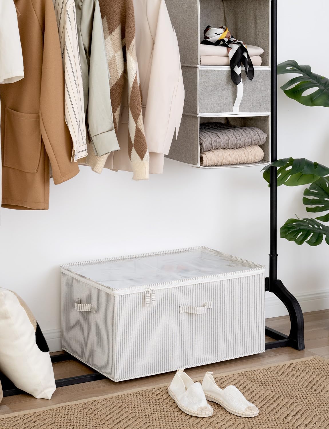 StorageWorks Shoe Organizer for Closet, Fits up to 24 Pairs, Shoe Cubby Storage Containers with Adjustable Dividers and Clear Cover, Gray and White Stripes