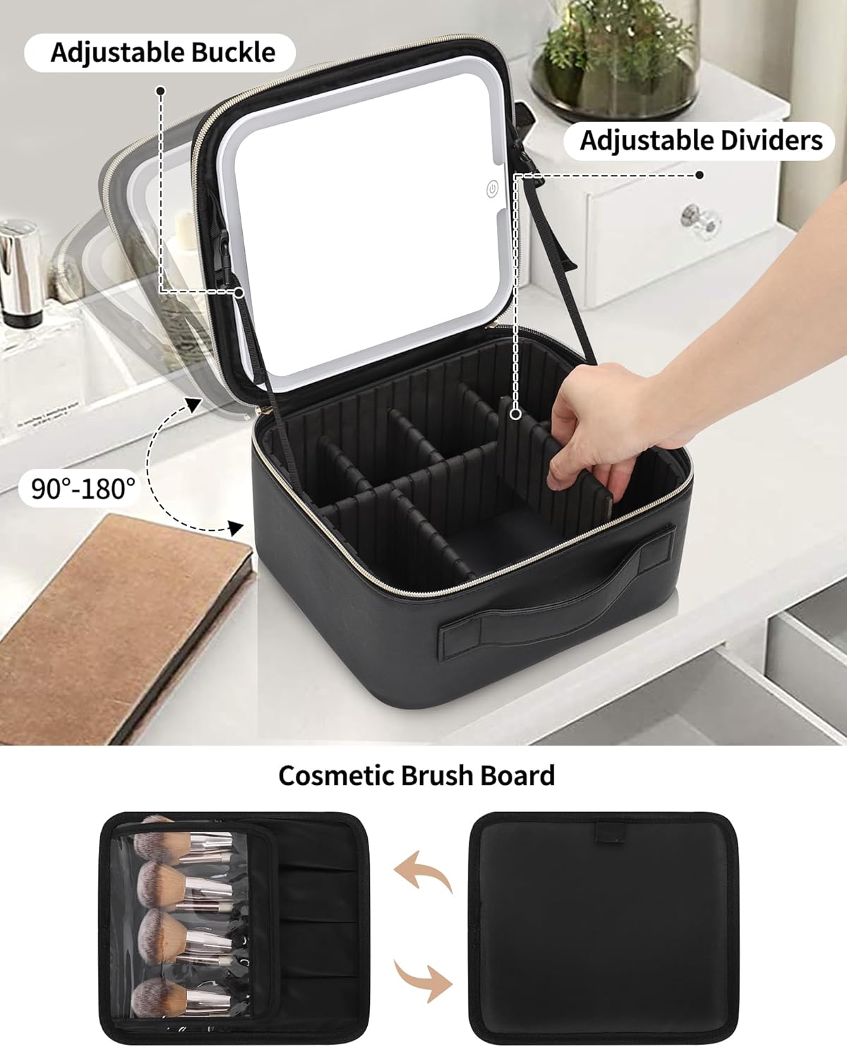 Makeup Bag With LED Mirror, Travel Makeup Case with Light up Mirror Large Cosmetic Case with 3 Color Lighted Portable Organizer Bag with Adjustable Dividers(Black)
