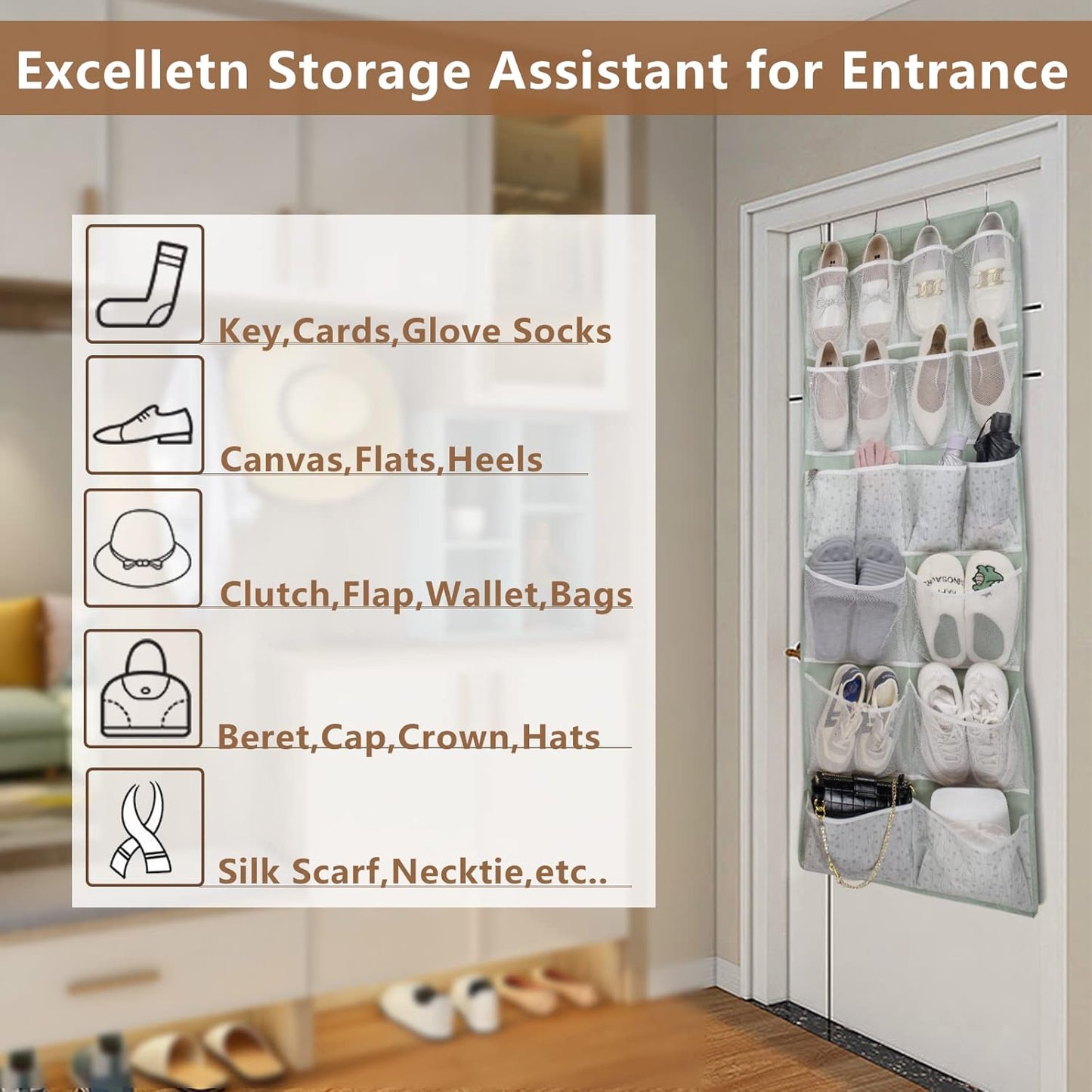18 Pocekts Over the Door Shoes Organizer,Behind Door Hanging Storage Pocekt for Sock,Underwear,Hat,Handbag,Back of Door Hanging Shelf for Bedroom,Bathroom,Entryway,Storeroom,Pantry,Dorm,Nursery,2 Pack