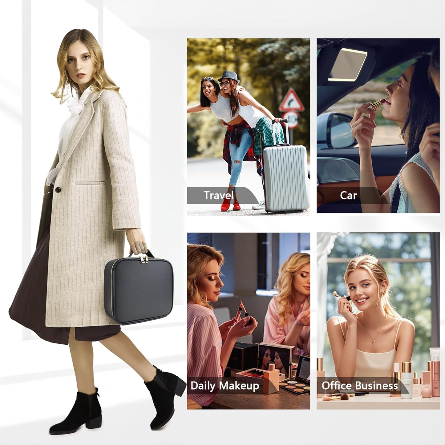 Travel Makeup Bag for Makeup Artists Large Makeup Case,with Mirror 3 Color Setting and Detachable 10x Magnifying Mirror Travel Makeup Bag,Portable Storage and Adjustable Dividers(black)