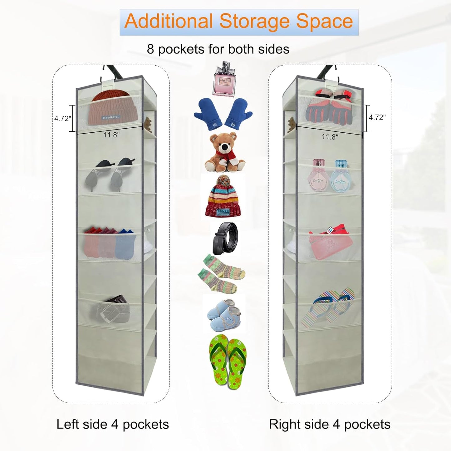 Large-Sized Hanging Shoe Organizer 10-Shelf, Sturdy Hanging Closet Organizer with 8 Side Pockets, Wider Hanging Shelves for Storage Shoes Clothes Jeans Shirts Toys, Beige