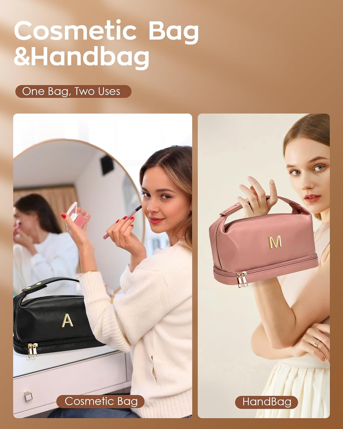 Wedding Gift-Travel Essentials, Presents for Women Makeup Bag with Handle, Initial Cosmetic Bag with Makeup Brush Organizer, PU Leather Travel Toiletry Bag, Gifts for Friends Female Mom