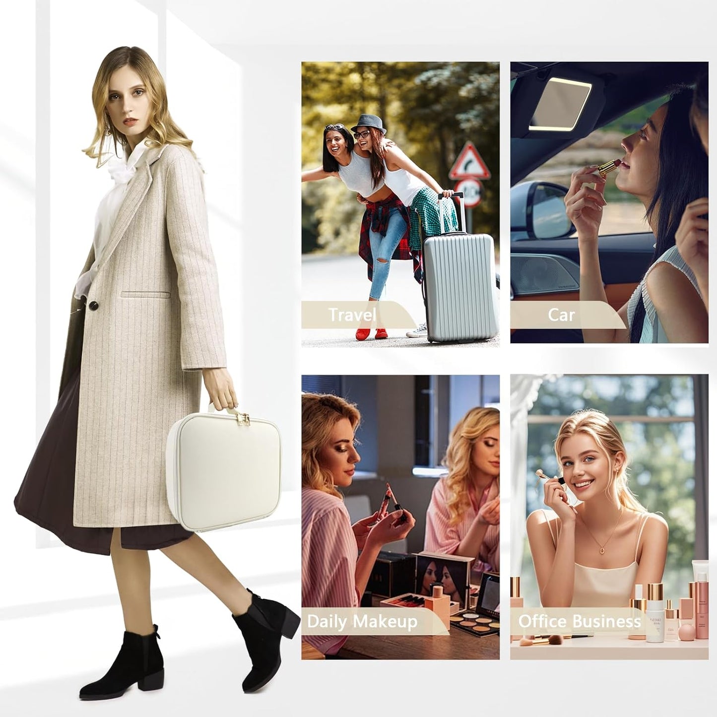 Travel Makeup Bag for Makeup Artists Large Makeup Case,with Mirror 3 Color Setting and Detachable 10x Magnifying Mirror Travel Makeup Bag,Portable Storage and Adjustable Dividers(white)