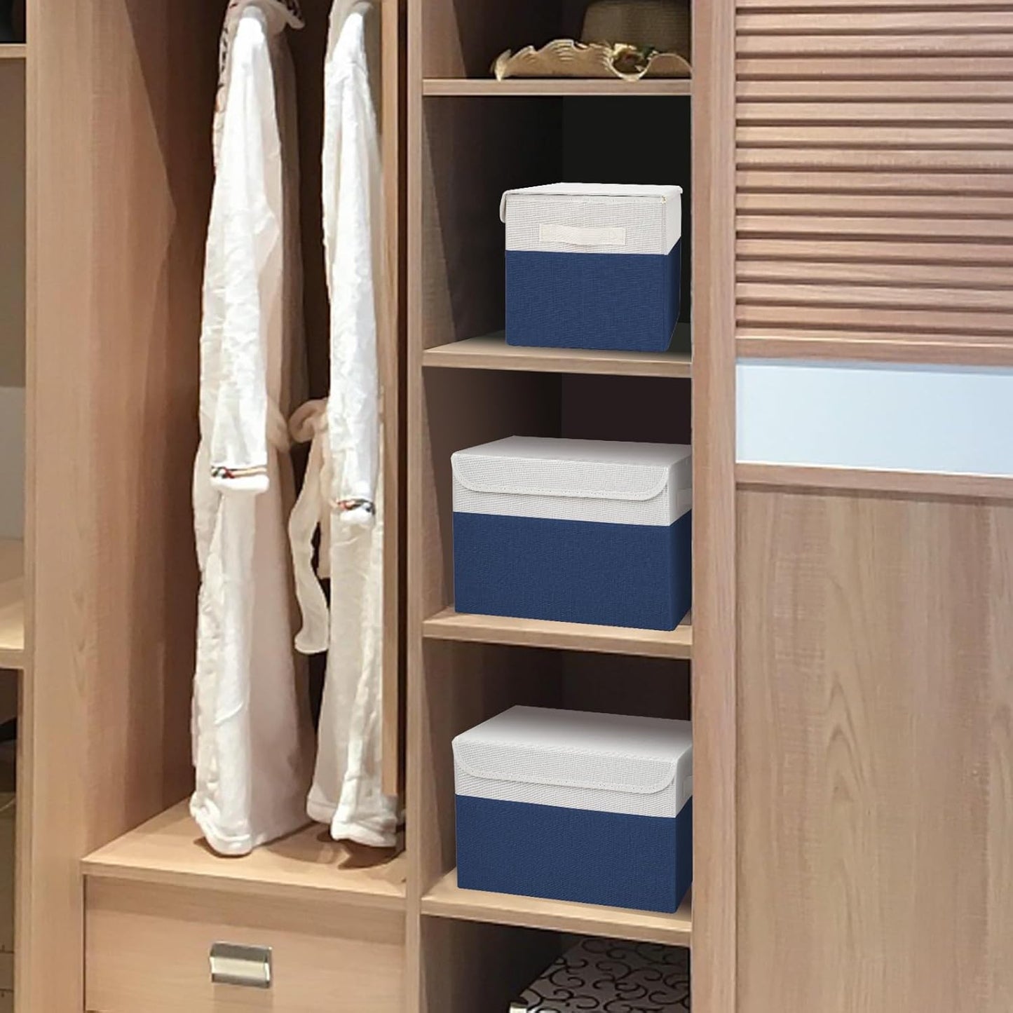 Large 22 Quart Linen Fabric Foldable Storage Bin Cube Organizer Basket with Flip-Top Lid & Handles, Clothes Blanket Box for Home, Office, Closet, Navy Blue & White, 4 Pack 14.6 x 9.5 x 9.5