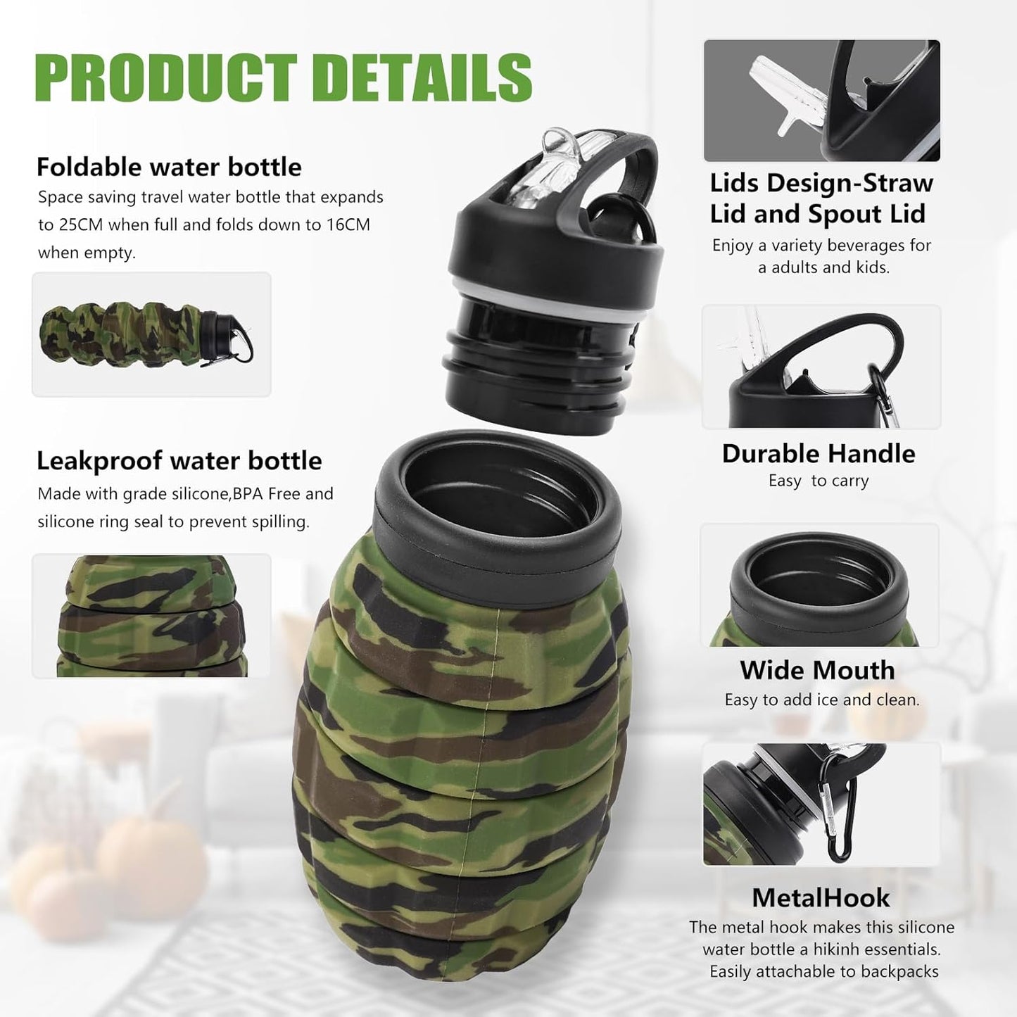 Collapsible Travel Water Bottle, Reuseable Silicone Foldable Water Bottles for Gym Camping Hiking, Portable Leak Proof Sports Water Army camouflage Bottle with rugby grenade Carabiner (Red)